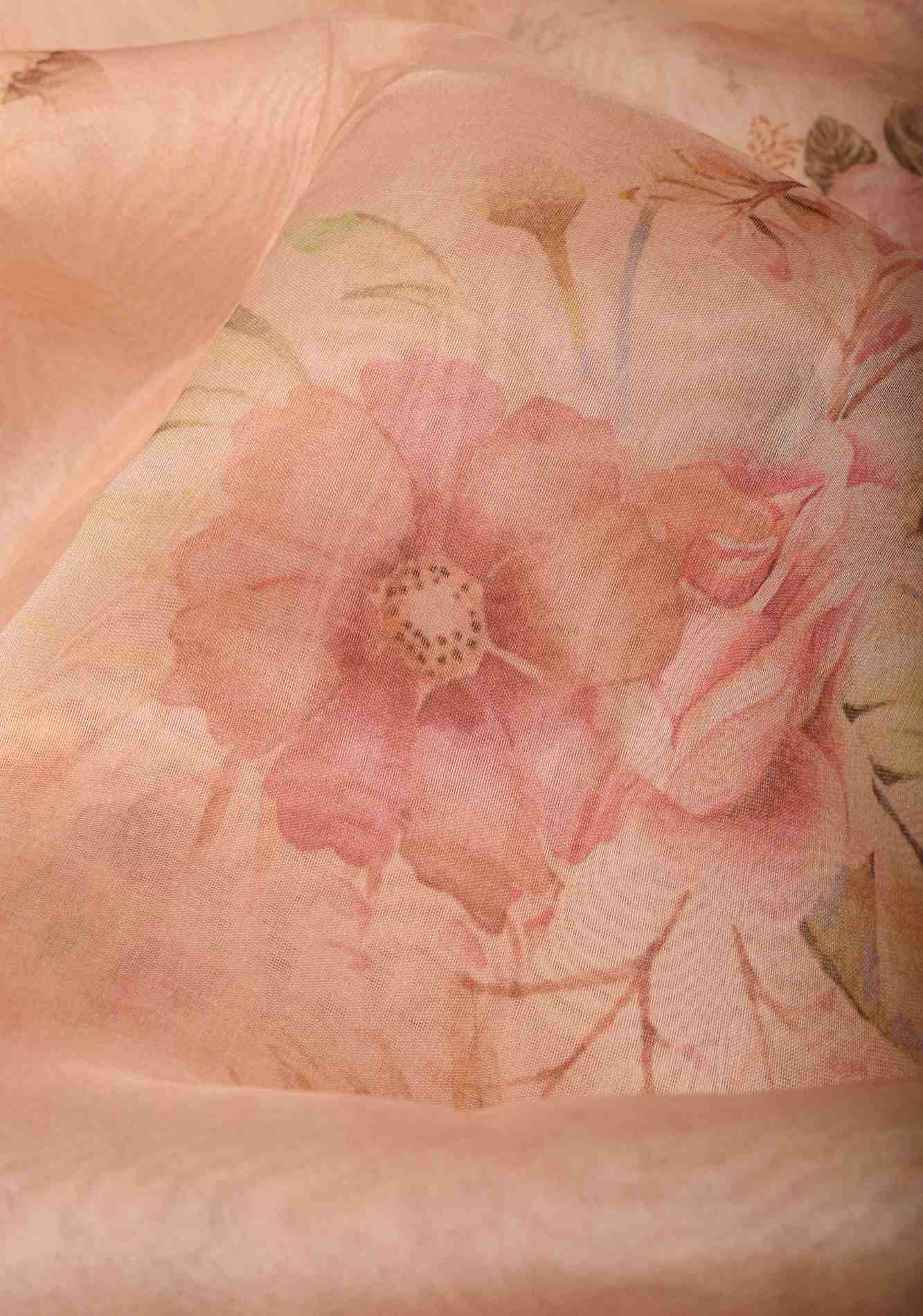 Pinkish Tan Pure Organza Silk Saree with Floral Digital Print and Lace Trim Border | SILK MARK CERTIFIED Ready To Wear Saree