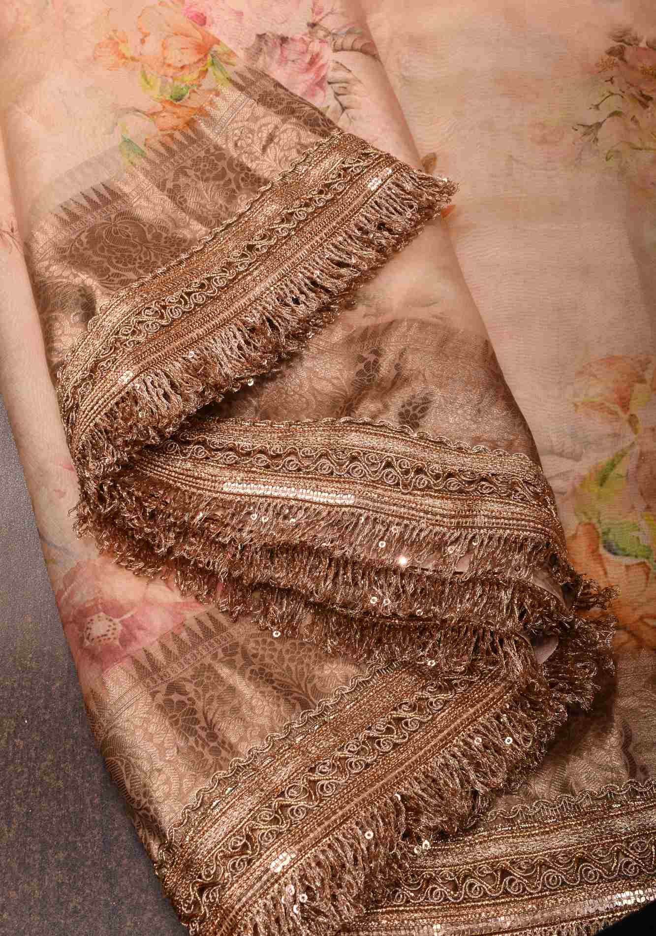 Pinkish Tan Pure Organza Silk Saree with Floral Digital Print and Lace Trim Border | SILK MARK CERTIFIED Ready To Wear Saree