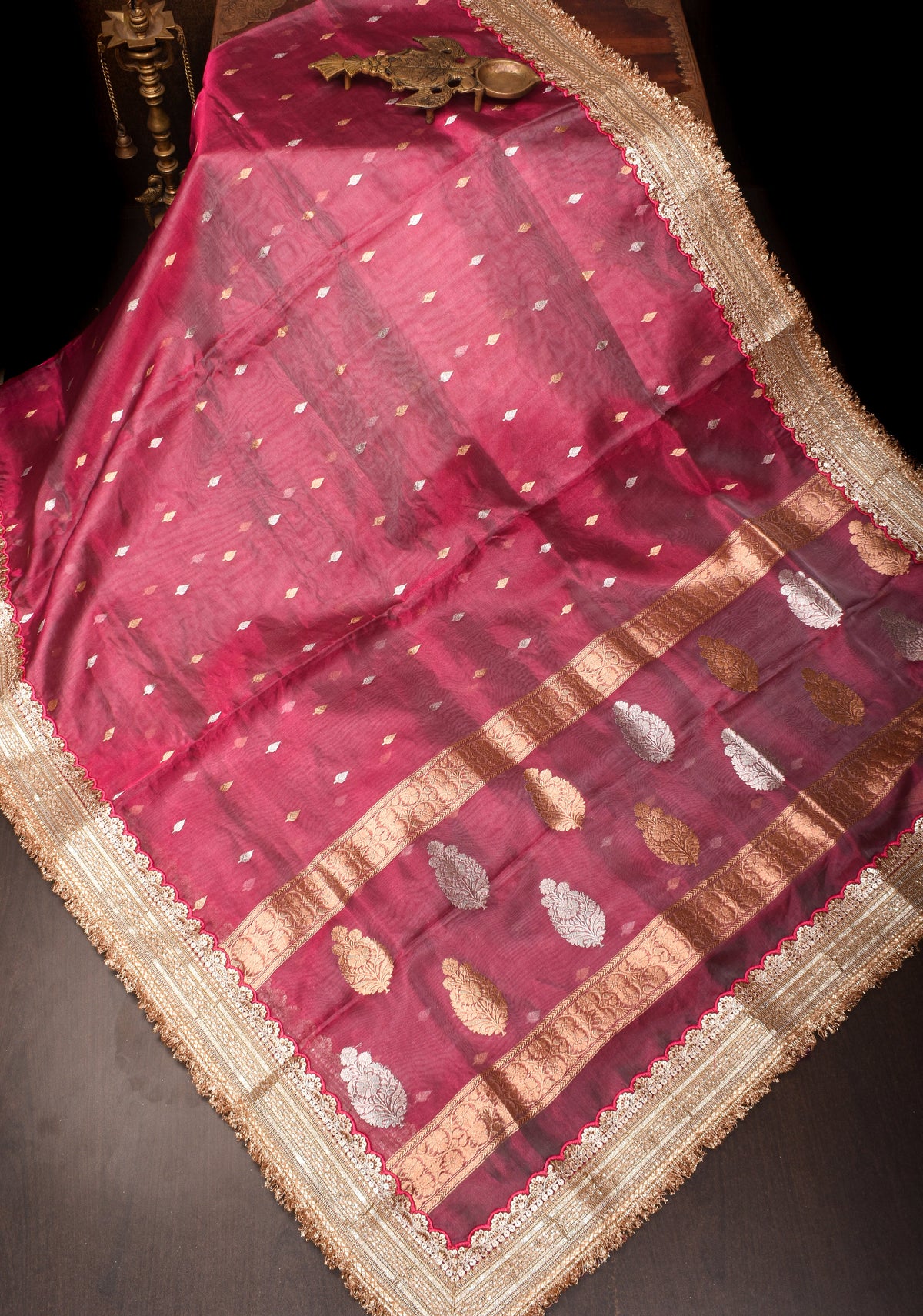 Trendy Pure Banarasi Tissue Silk Saree in Pinkish Red with Fancy Lace Trim and Sona Rupa Floral Buttas | SILK MARK CERTIFIED | SHOBITAM