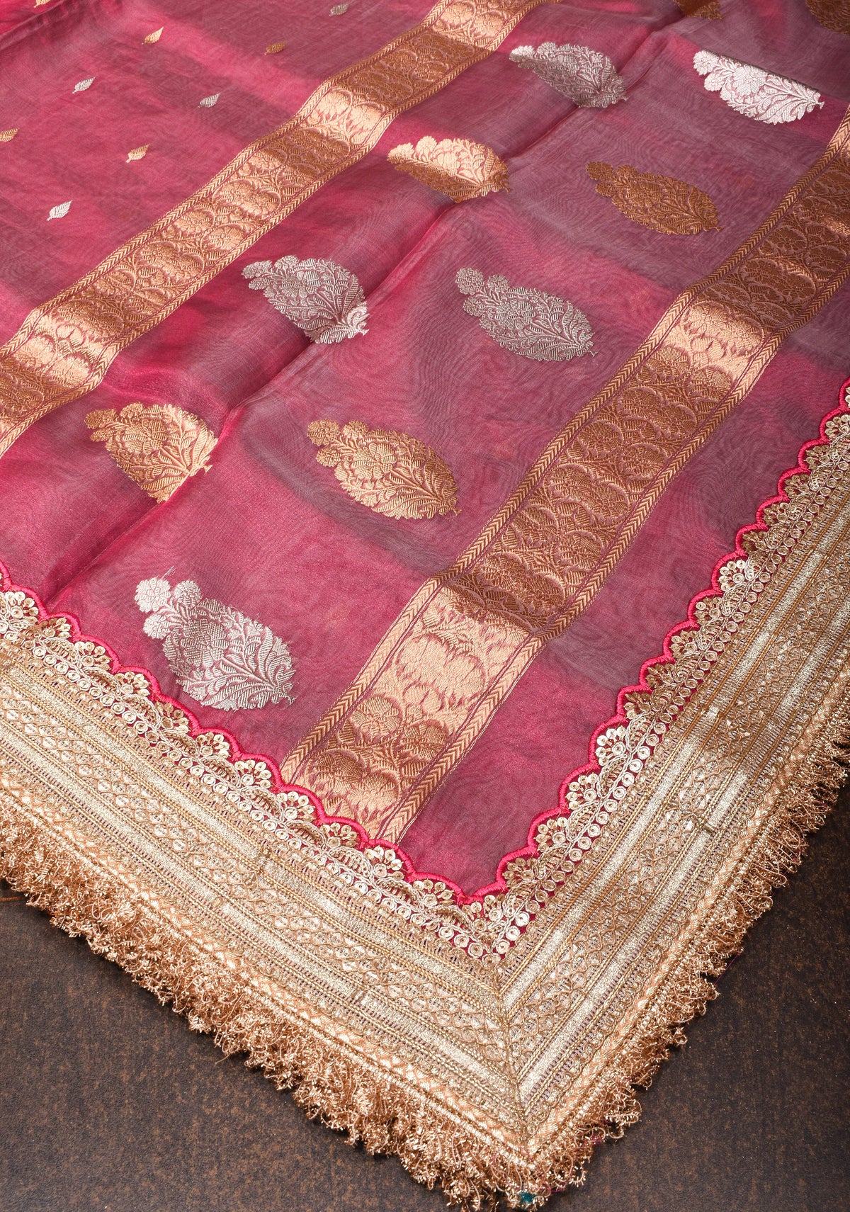 Trendy Pure Banarasi Tissue Silk Saree in Pinkish Red with Fancy Lace Trim and Sona Rupa Floral Buttas | SILK MARK CERTIFIED | SHOBITAM