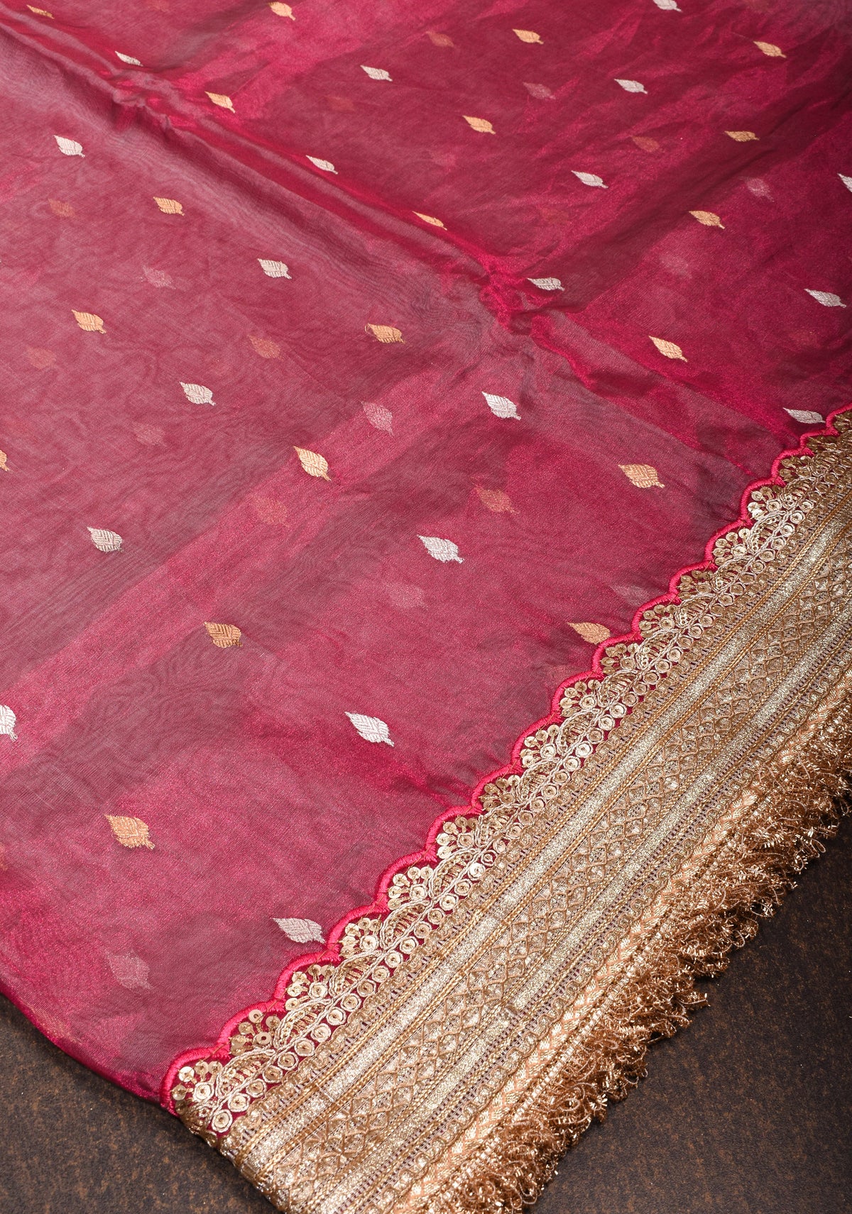 Trendy Pure Banarasi Tissue Silk Saree in Pinkish Red with Fancy Lace Trim and Sona Rupa Floral Buttas | SILK MARK CERTIFIED | SHOBITAM