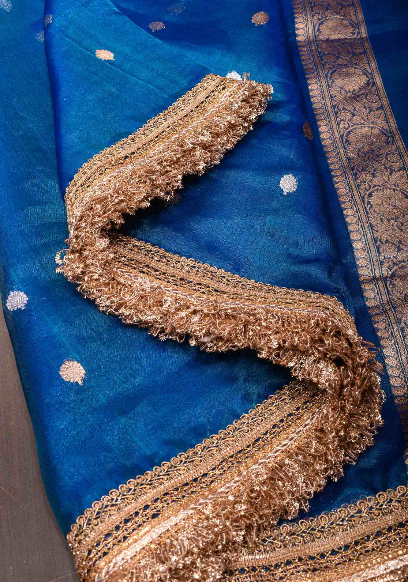 Cobalt Blue Banarasi Tissue Handloom Saree with Sona Rupa Buttis and Lace Border| SILK MARK CERTIFIED Ready T o Wear Saree