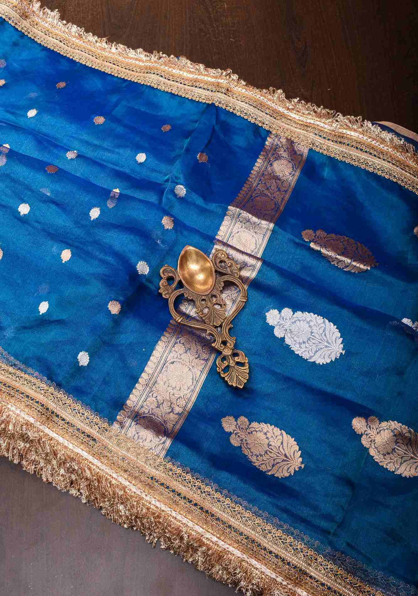 Cobalt Blue Banarasi Tissue Handloom Saree with Sona Rupa Buttis and Lace Border| SILK MARK CERTIFIED Ready T o Wear Saree