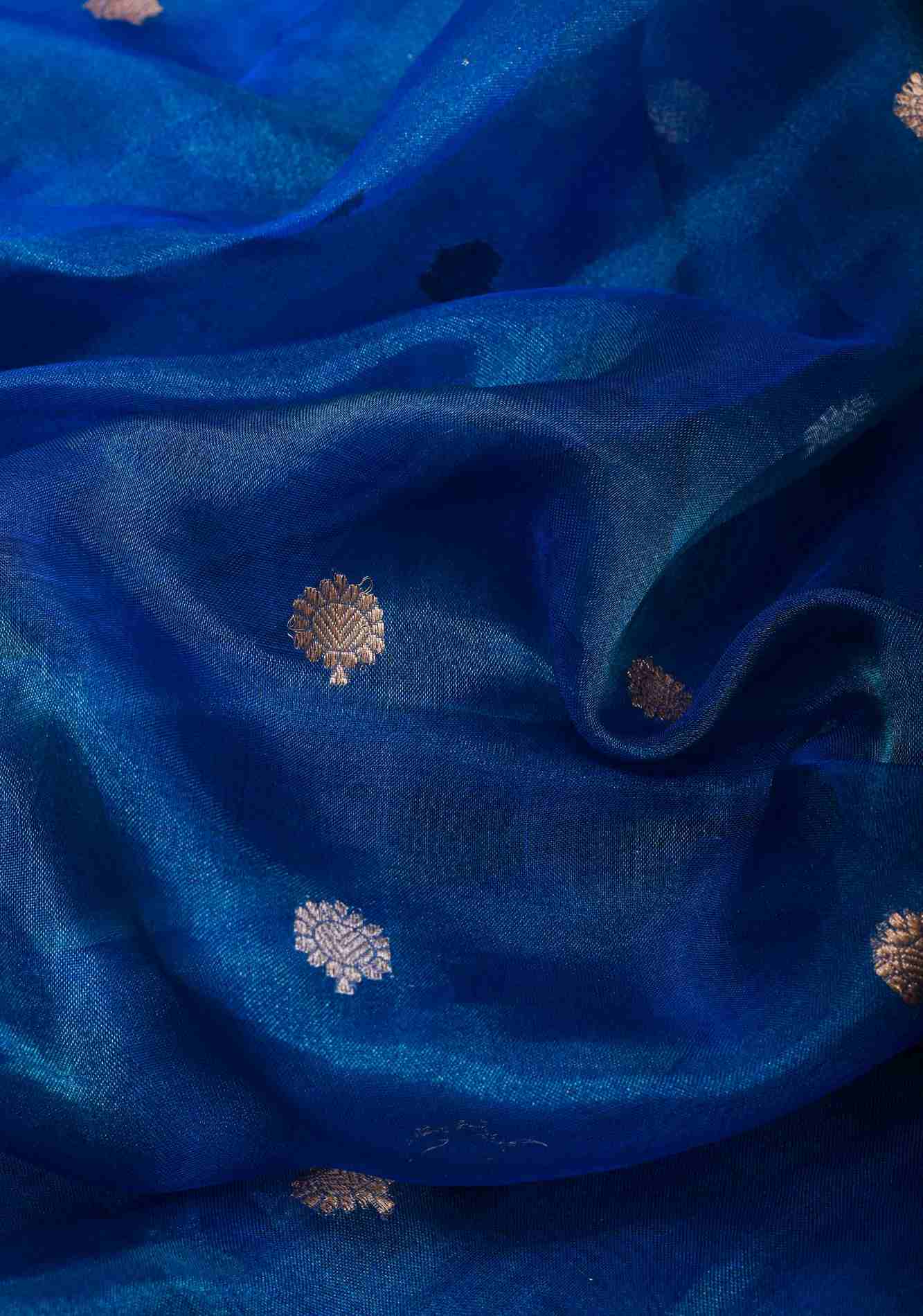 Cobalt Blue Banarasi Tissue Handloom Saree with Sona Rupa Buttis and Lace Border| SILK MARK CERTIFIED Ready T o Wear Saree