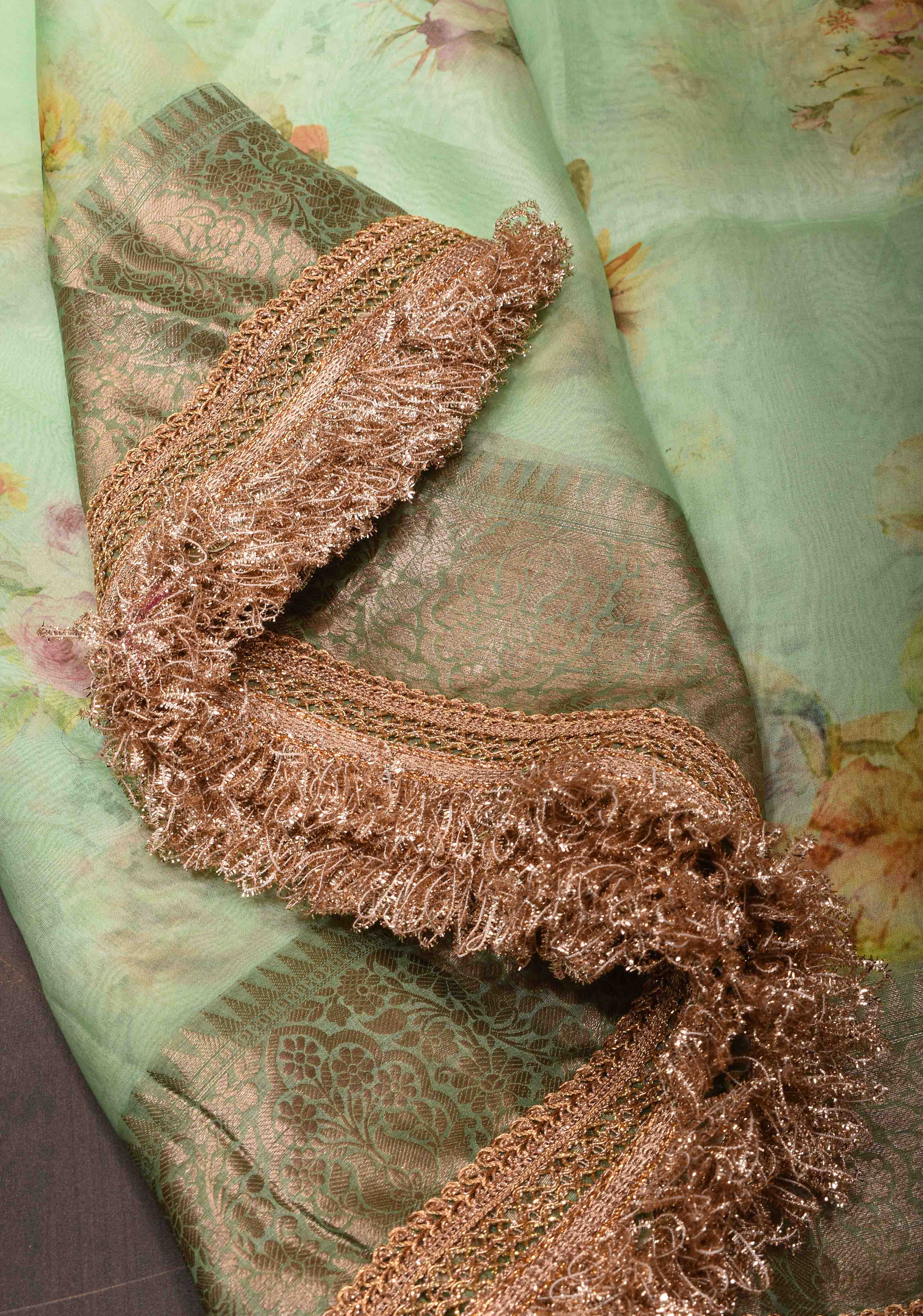 Pure Organza Silk Saree in Green with Floral Digital Print and Lace Trim Border | SILK MARK CERTIFIED | Shobitam