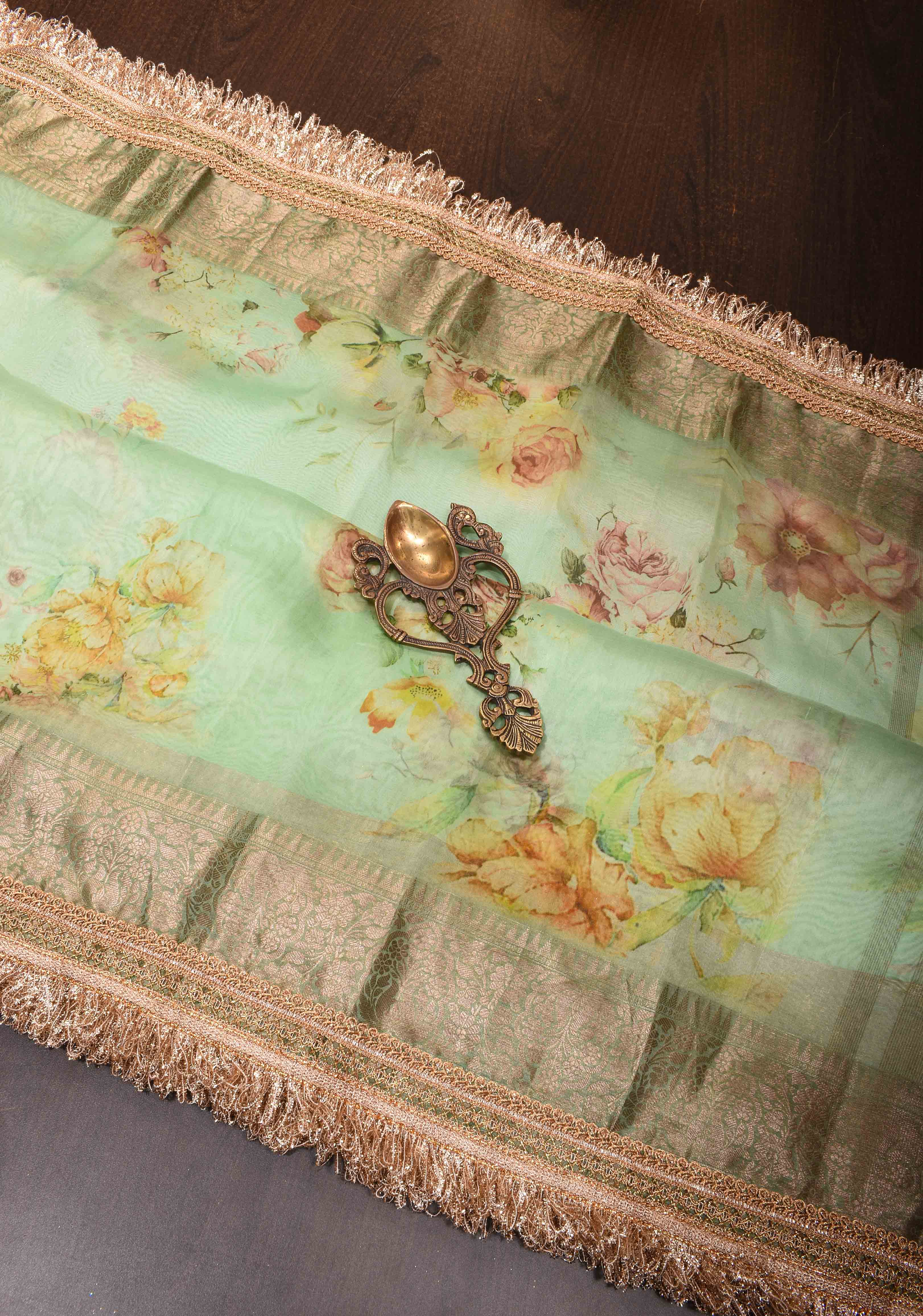 Pure Organza Silk Saree in Green with Floral Digital Print and Lace Trim Border | SILK MARK CERTIFIED | Shobitam