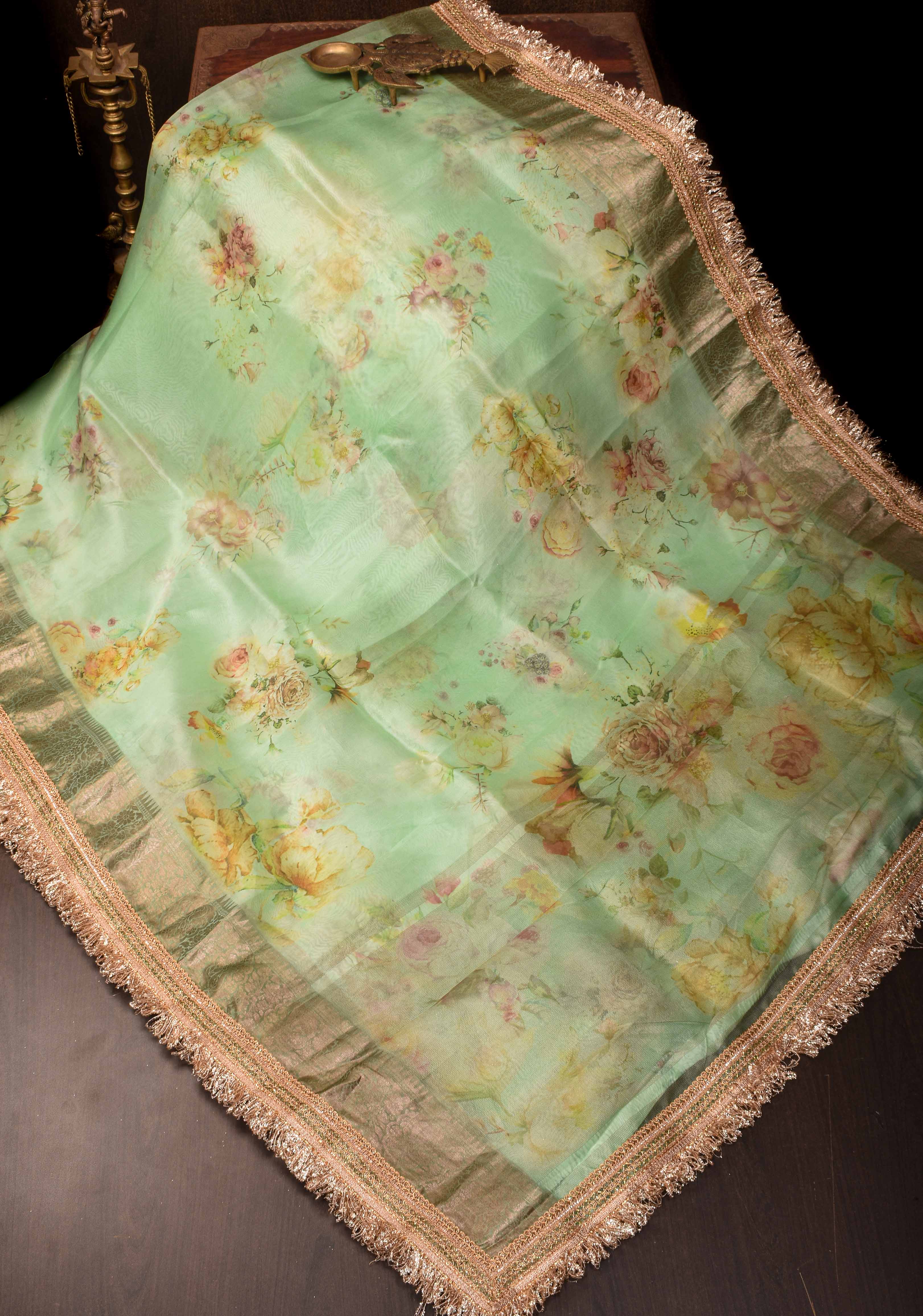 Pure Organza Silk Saree in Green with Floral Digital Print and Lace Trim Border | SILK MARK CERTIFIED | Shobitam