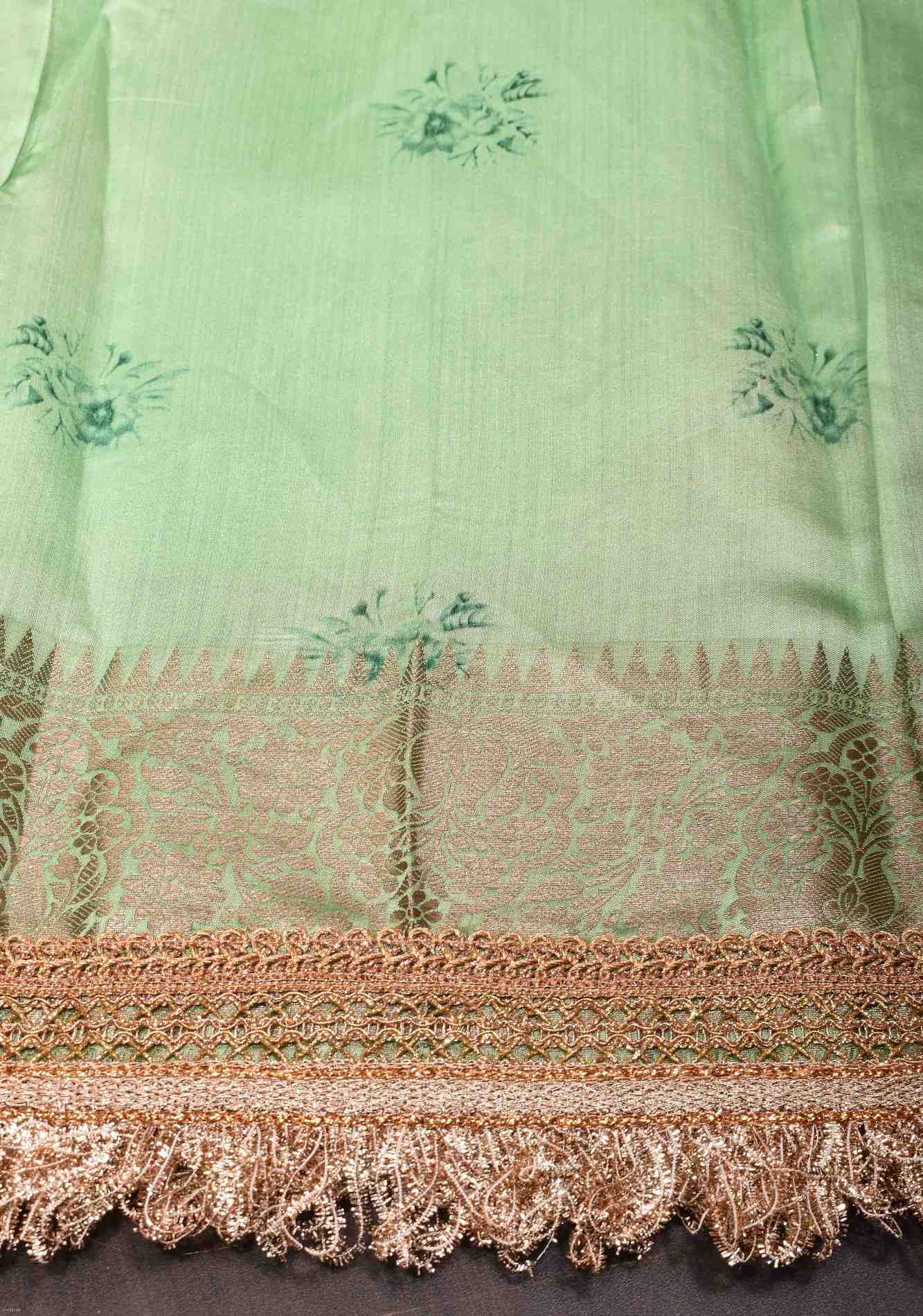 Pure Organza Silk Saree in Green with Floral Digital Print and Lace Trim Border | SILK MARK CERTIFIED Ready To Wear Saree