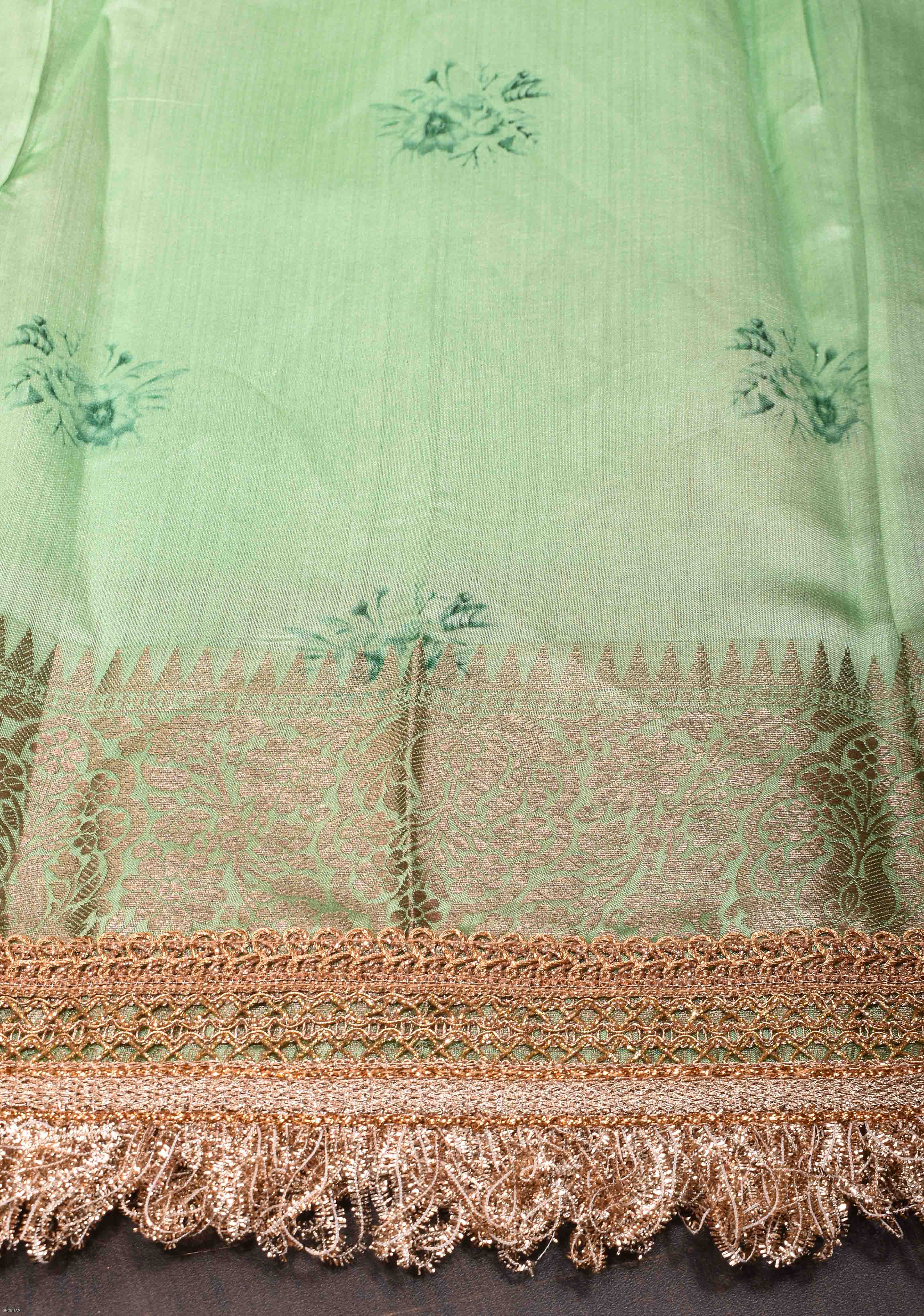 Pure Organza Silk Saree in Green with Floral Digital Print and Lace Trim Border | SILK MARK CERTIFIED | Shobitam