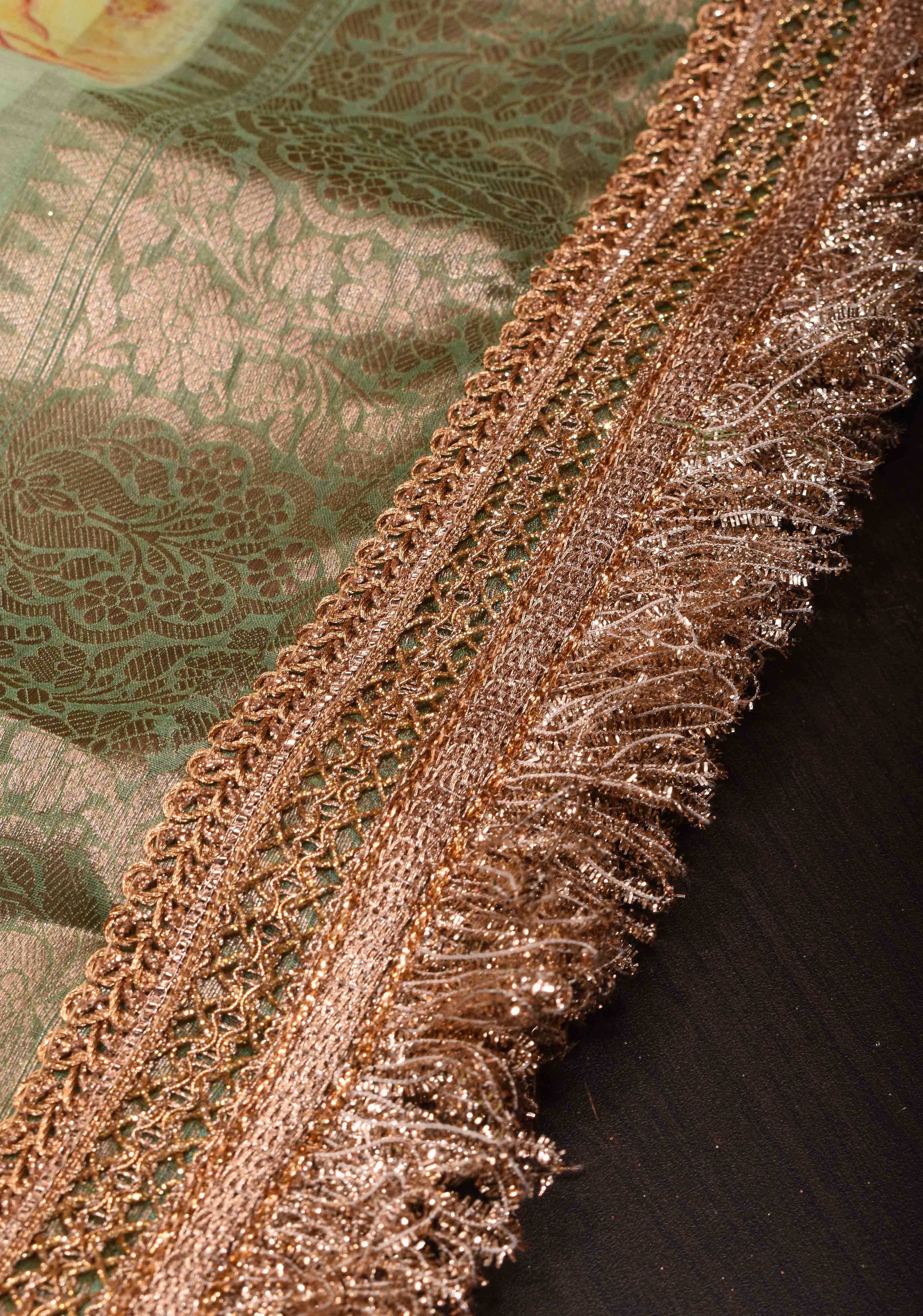 Pure Organza Silk Saree in Green with Floral Digital Print and Lace Trim Border | SILK MARK CERTIFIED | Shobitam