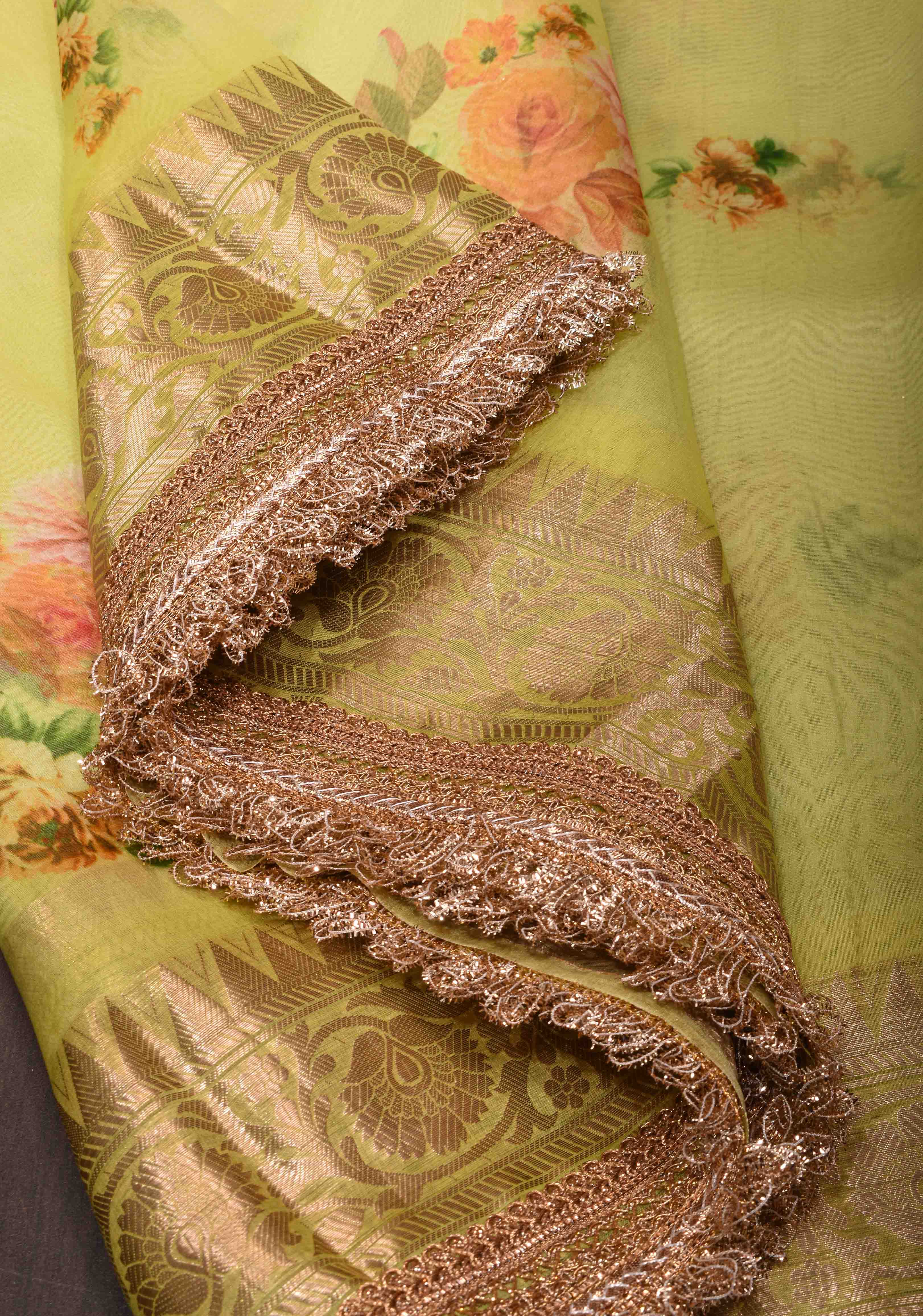 Pure Organza Silk Saree in Lemon Yellow with Floral Digital Print and Lace Trim Border | SILK MARK CERTIFIED | Shobitam