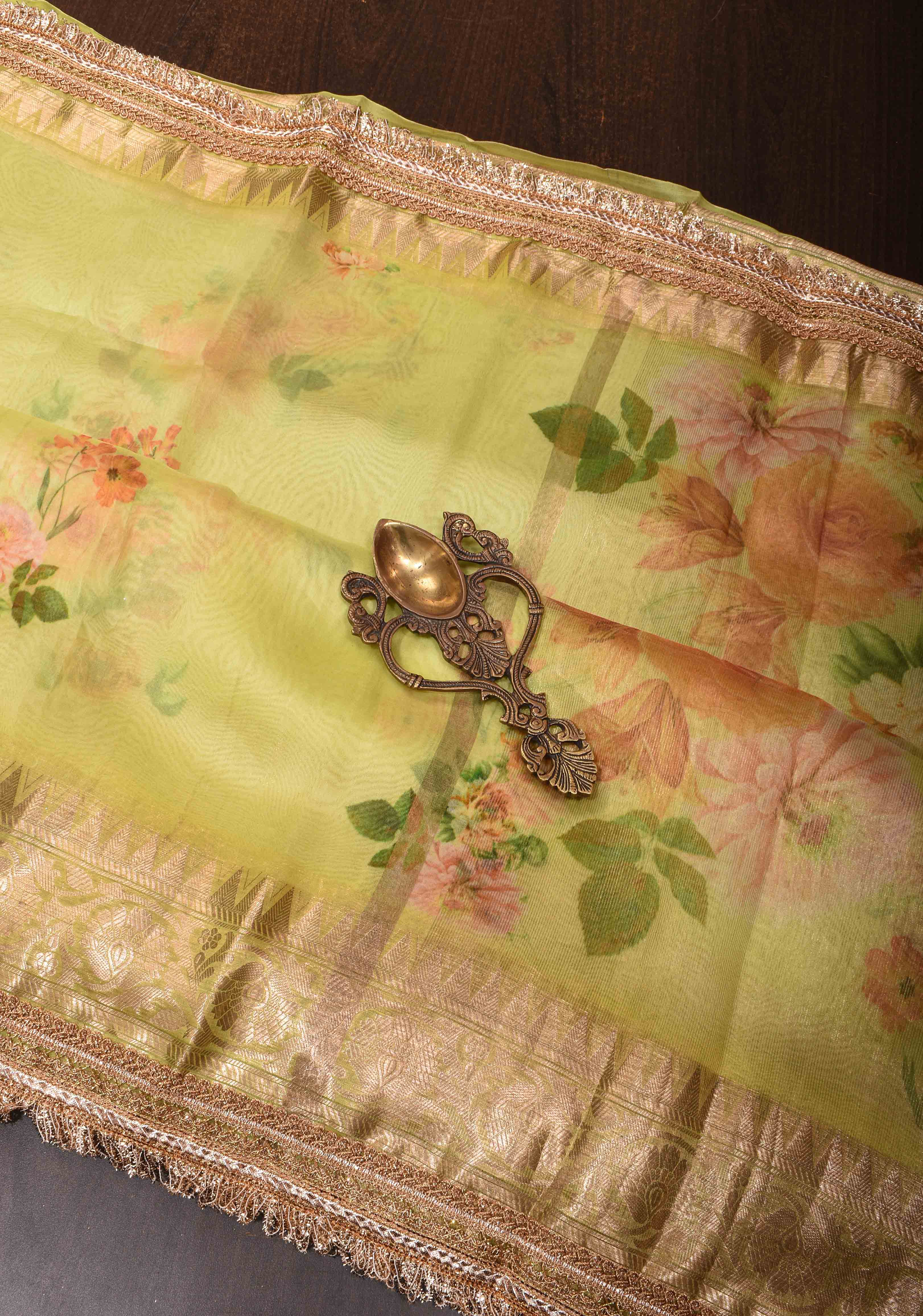 Pure Organza Silk Saree in Lemon Yellow with Floral Digital Print and Lace Trim Border | SILK MARK CERTIFIED | Shobitam