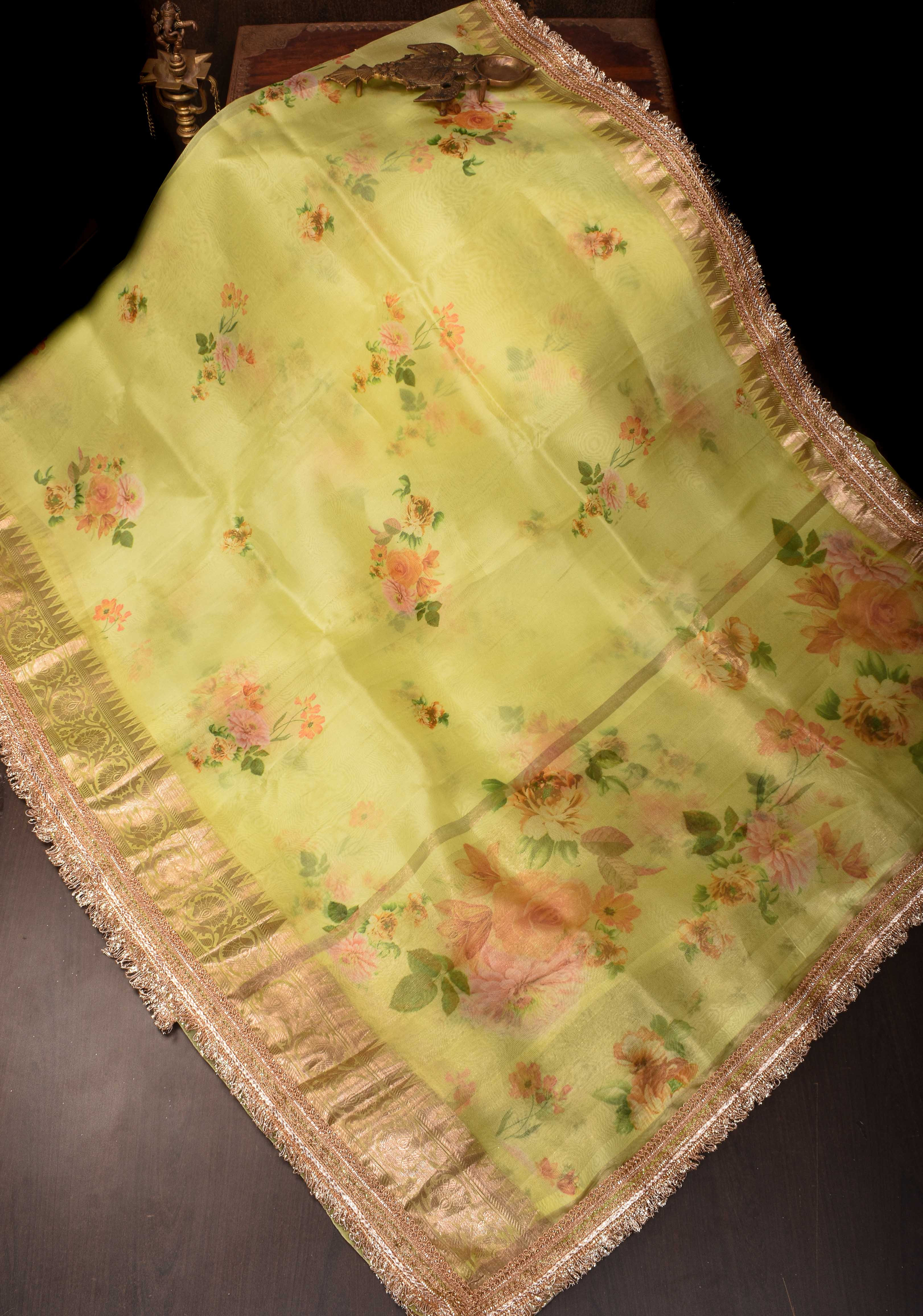 Pure Organza Silk Saree in Lemon Yellow with Floral Digital Print and Lace Trim Border | SILK MARK CERTIFIED | Shobitam