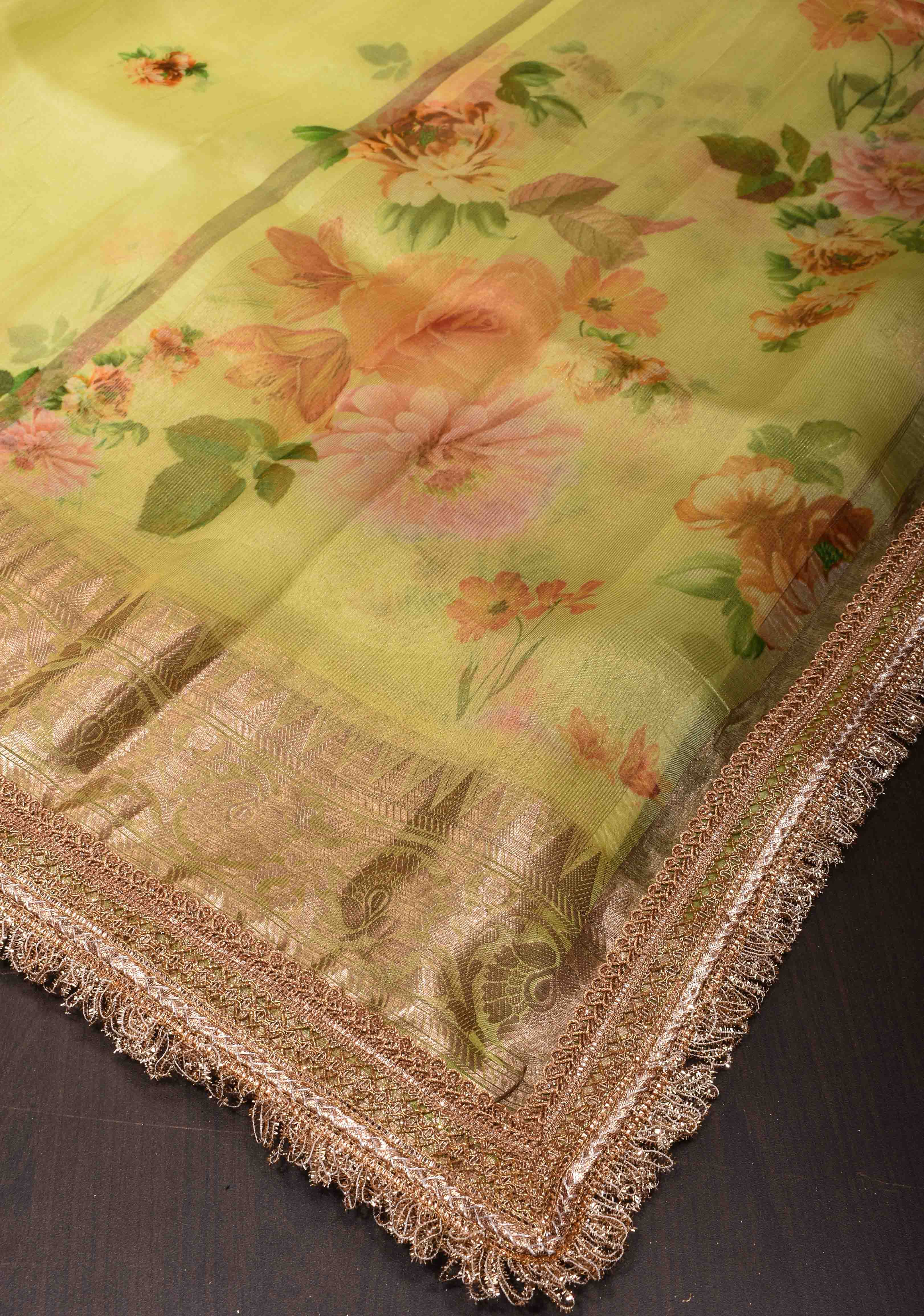 Pure Organza Silk Saree in Lemon Yellow with Floral Digital Print and Lace Trim Border | SILK MARK CERTIFIED | Shobitam