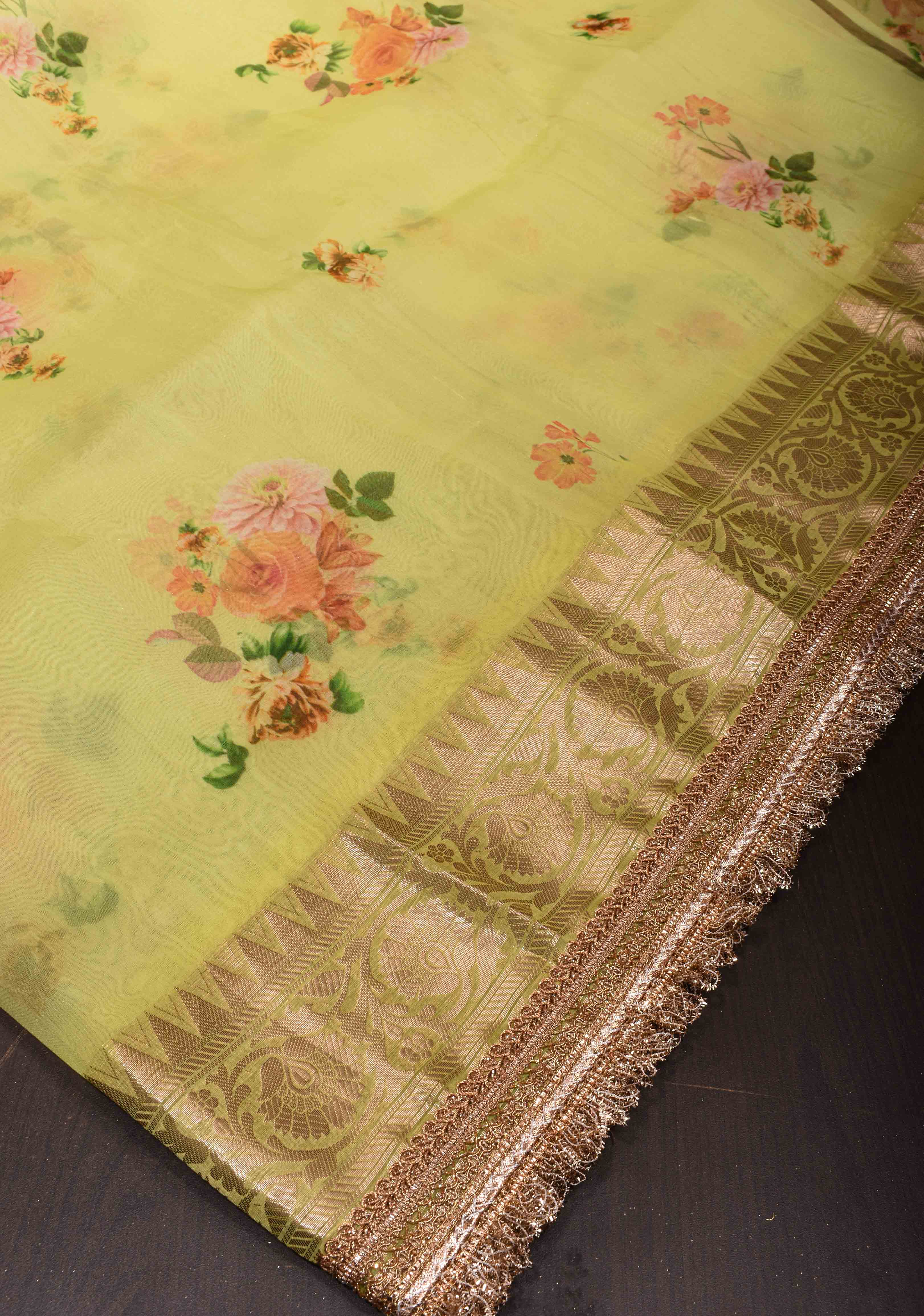 Pure Organza Silk Saree in Lemon Yellow with Floral Digital Print and Lace Trim Border | SILK MARK CERTIFIED | Shobitam