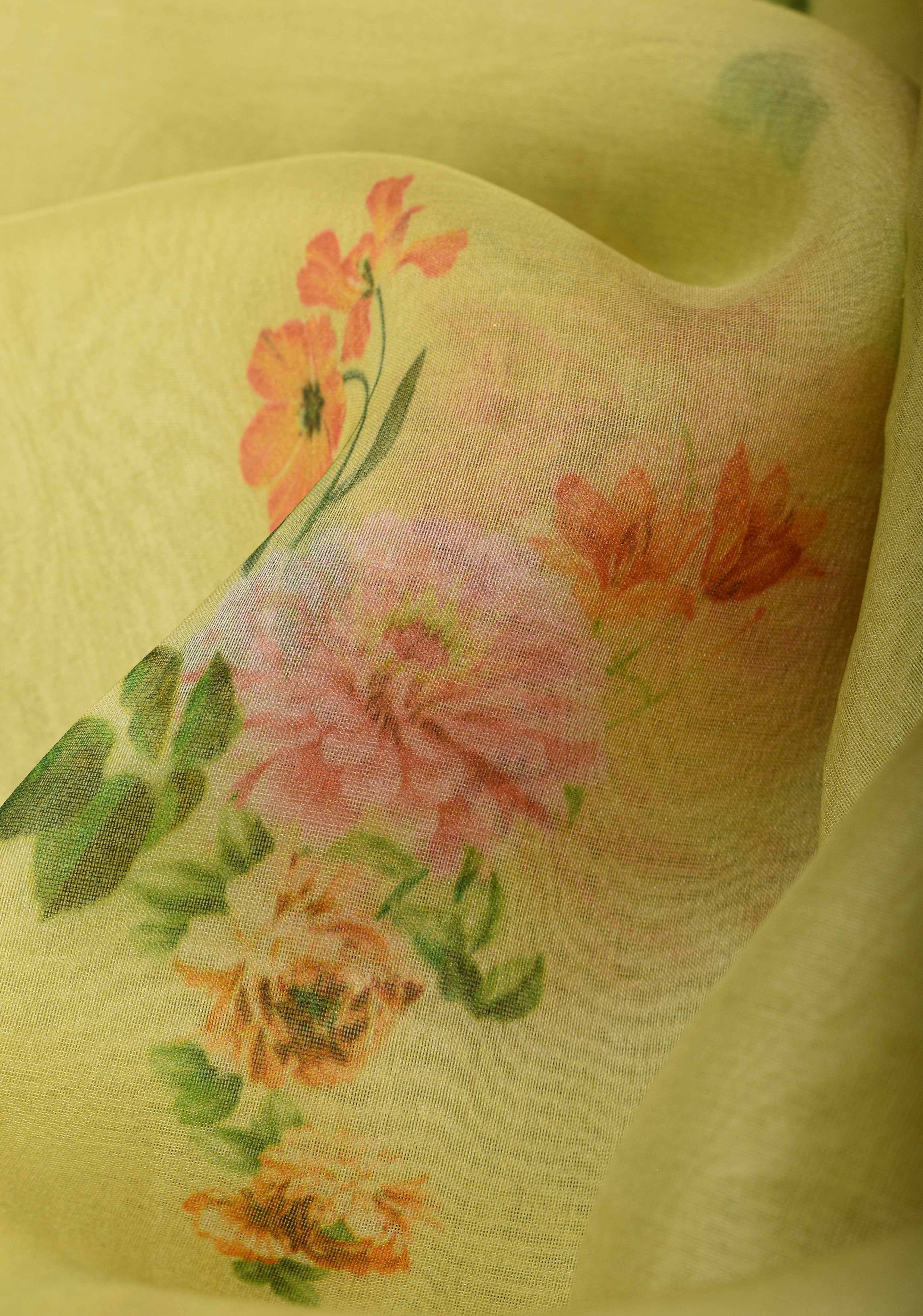 Pure Organza Silk Saree in Lemon Yellow with Floral Digital Print and Lace Trim Border | SILK MARK CERTIFIED | Shobitam