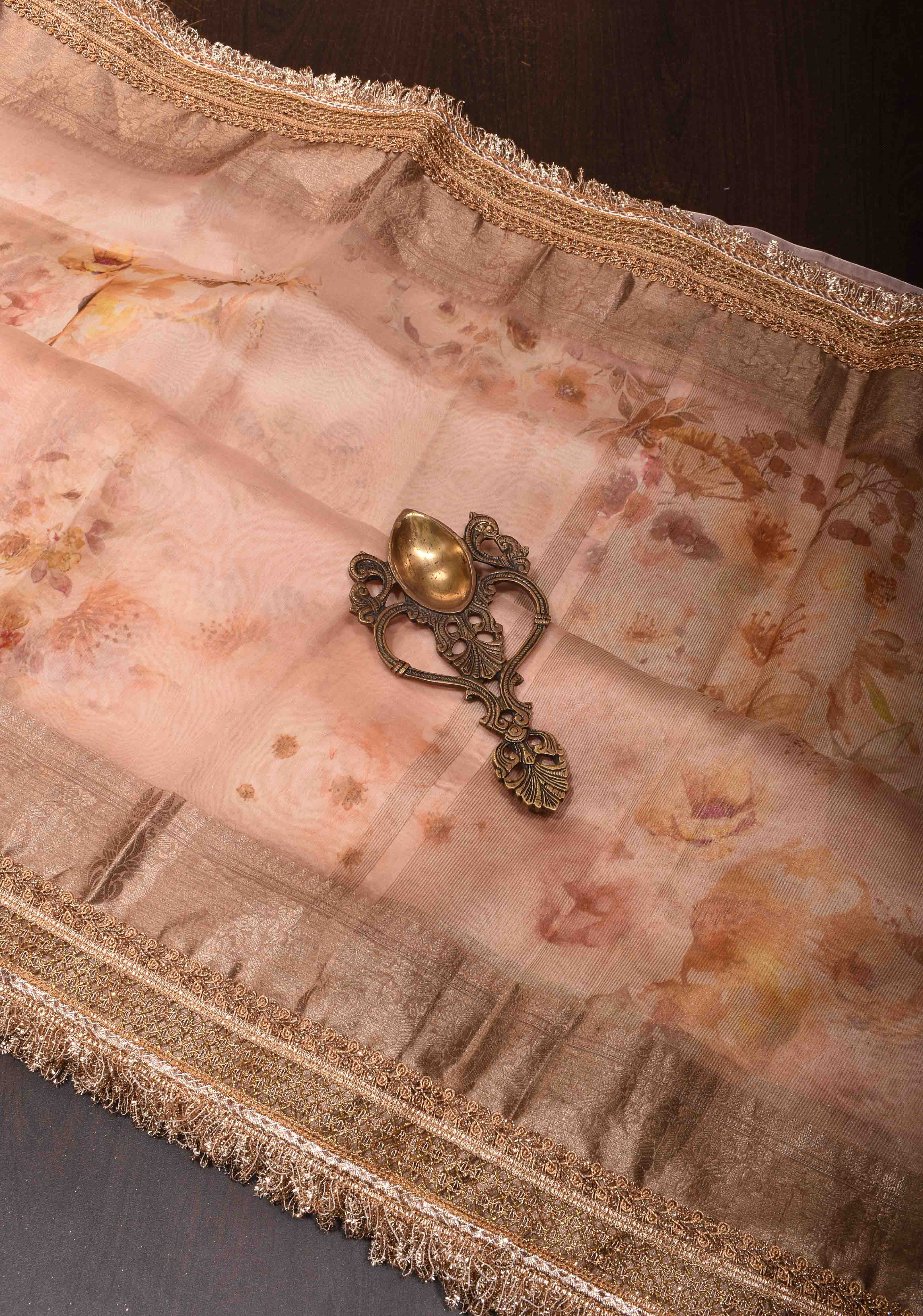 Pure Organza Silk Saree in Old Rose with Floral Digital Print and Lace Trim Border | SILK MARK CERTIFIED | Shobitam