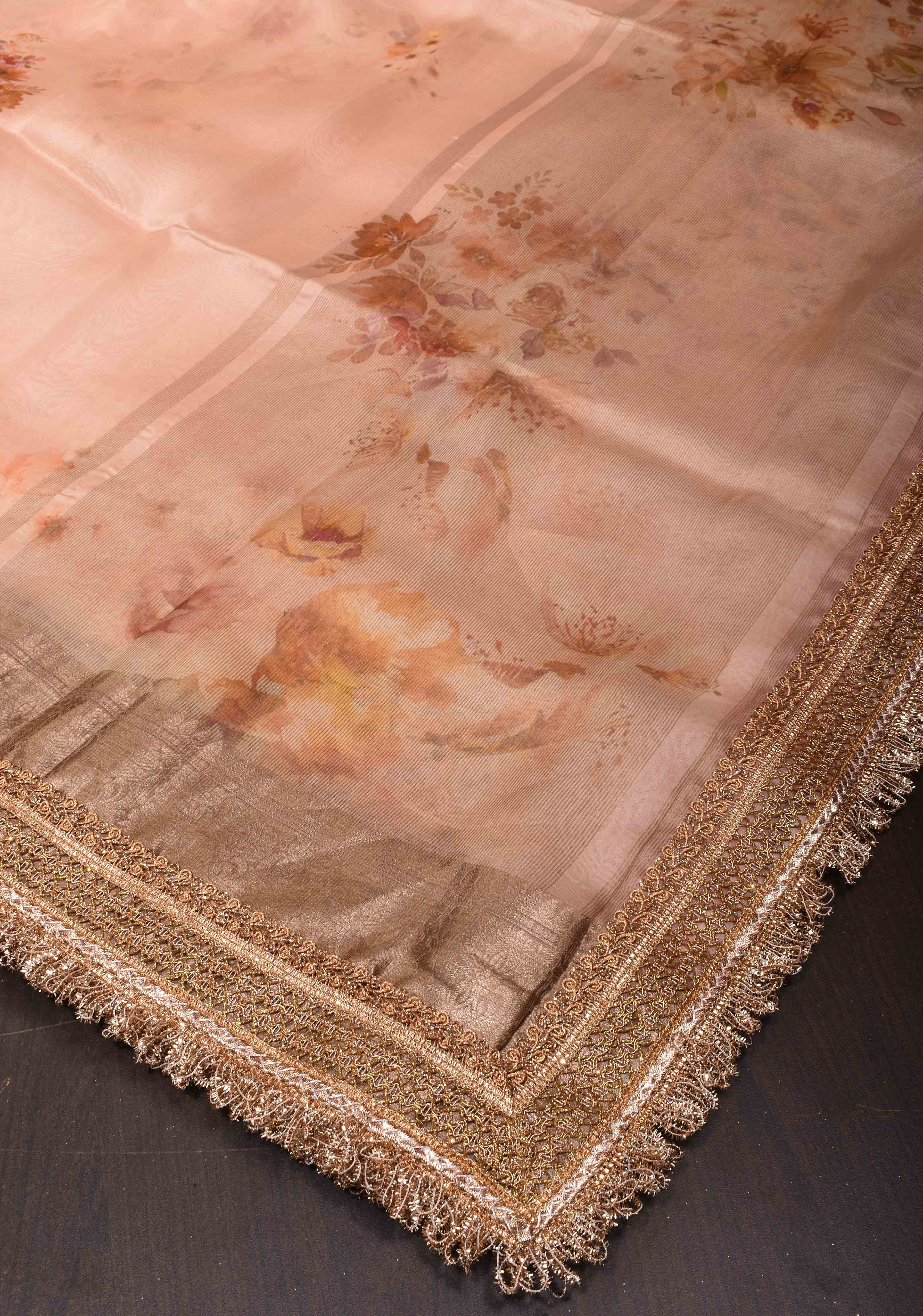 Pure Organza Silk Saree in Old Rose with Floral Digital Print and Lace Trim Border | SILK MARK CERTIFIED | Shobitam