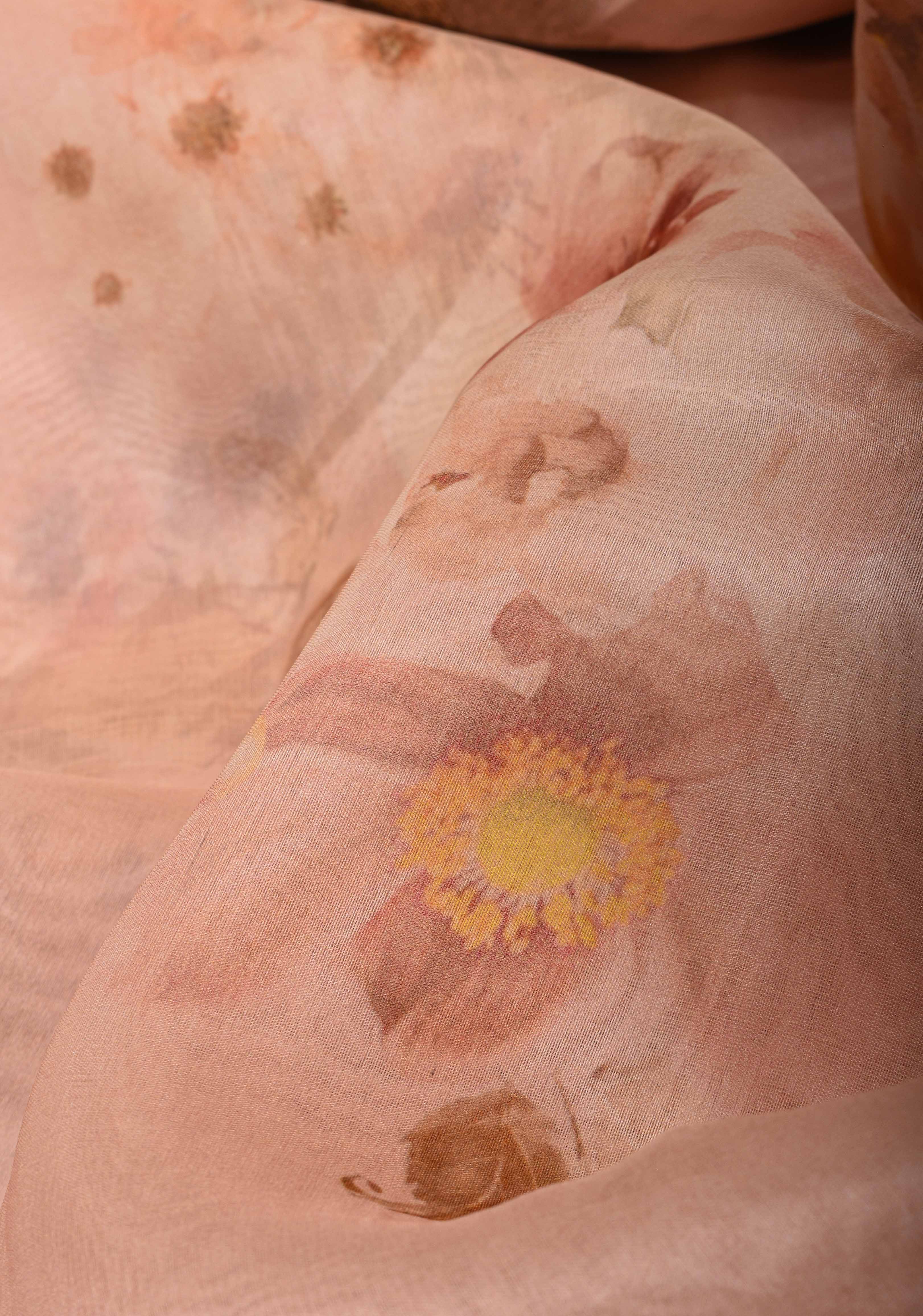 Pure Organza Silk Saree in Old Rose with Floral Digital Print and Lace Trim Border | SILK MARK CERTIFIED | Shobitam