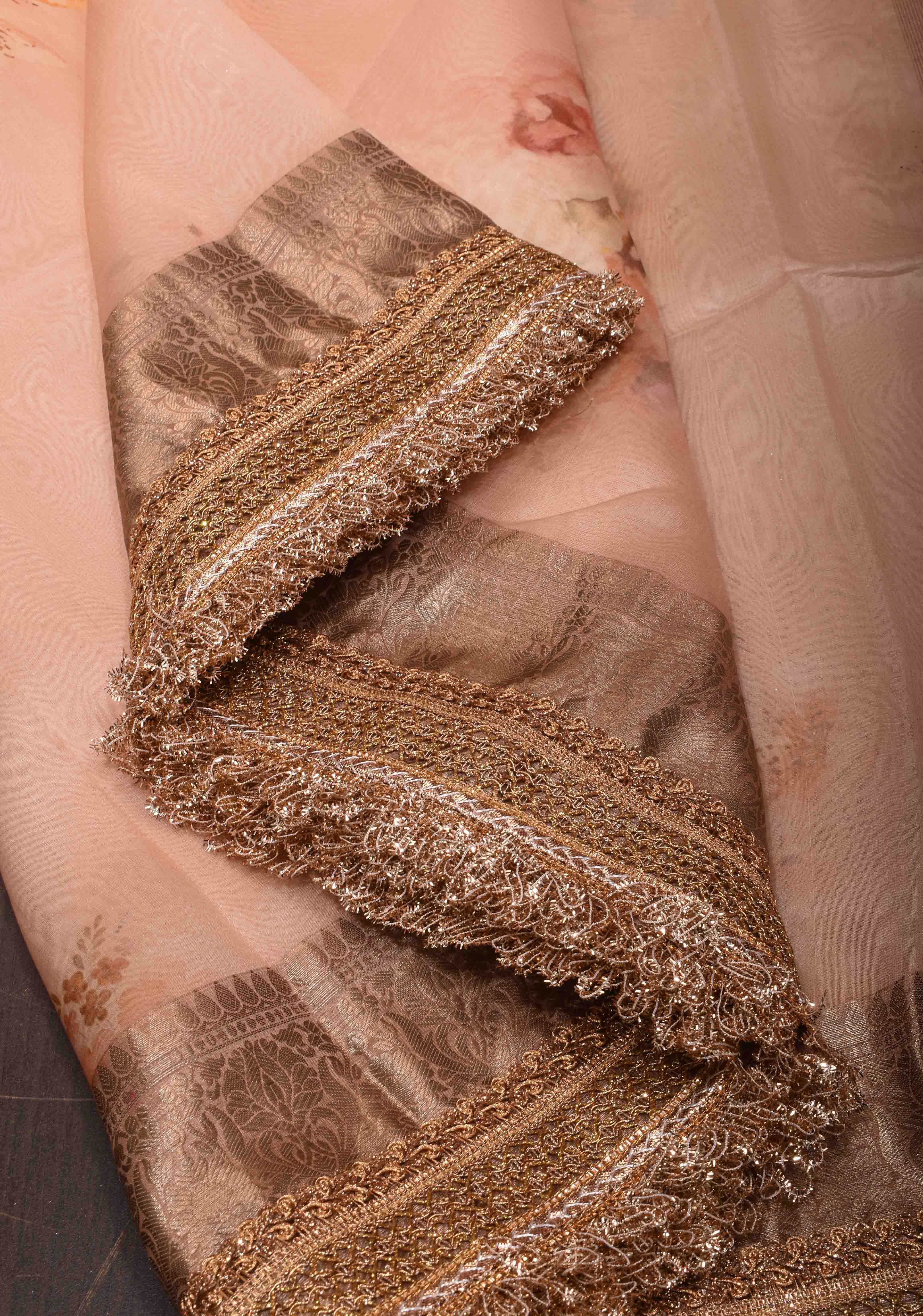 Pure Organza Silk Saree in Old Rose with Floral Digital Print and Lace Trim Border | SILK MARK CERTIFIED | Shobitam