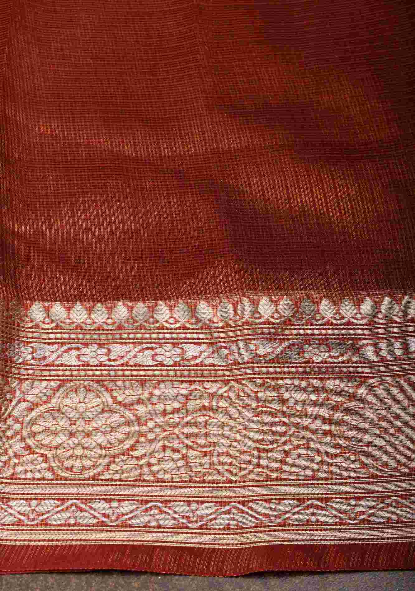 Maroon Kota Doria Tissue Cotton Saree with Sona Rupa Zari Border ready to wear saree