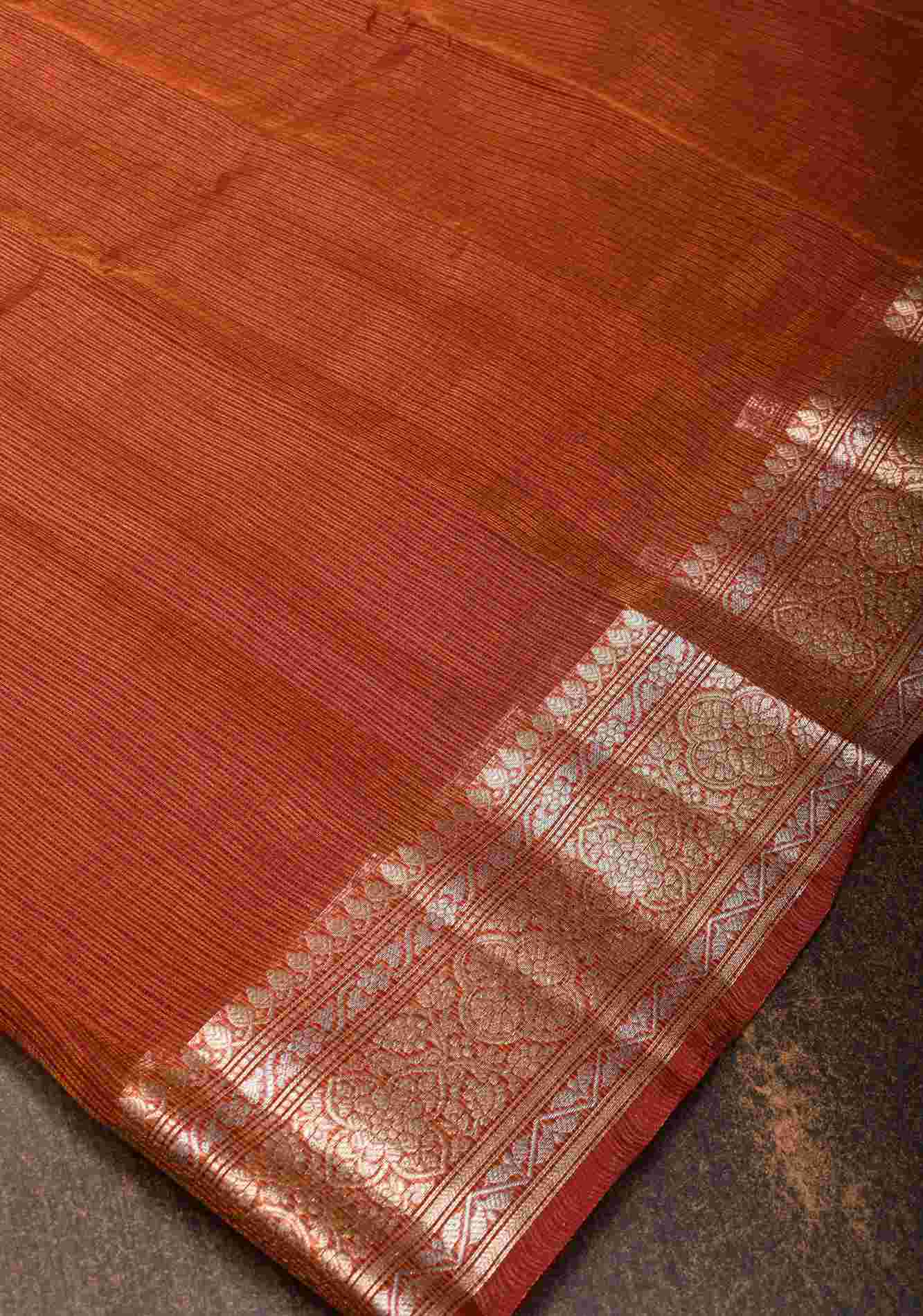 Maroon Kota Doria Tissue Cotton Saree with Sona Rupa Zari Border ready to wear saree