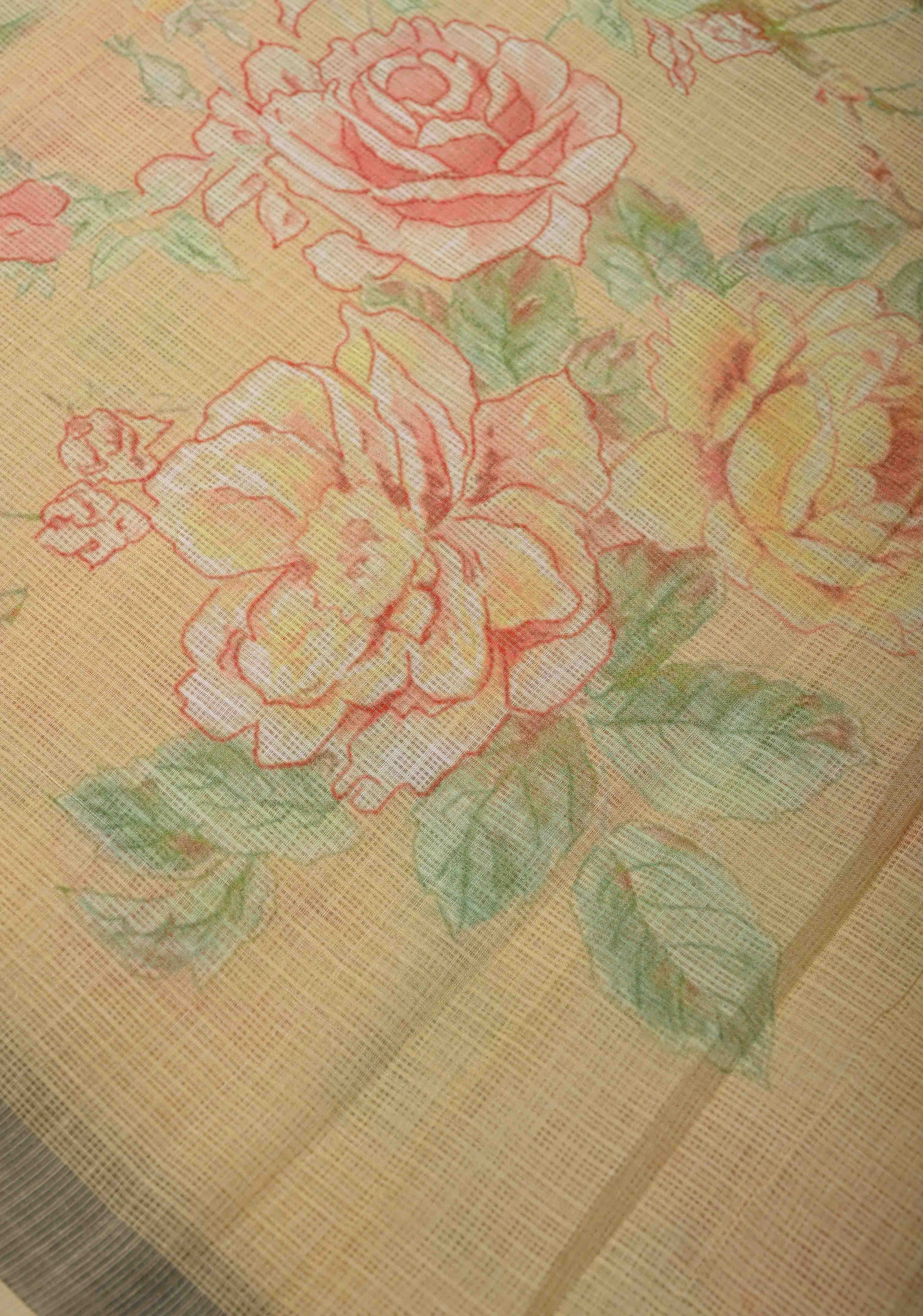 Beige Kota Doria Cotton Saree with Floral Digital Print And Minimal Zari Border | Shobitam