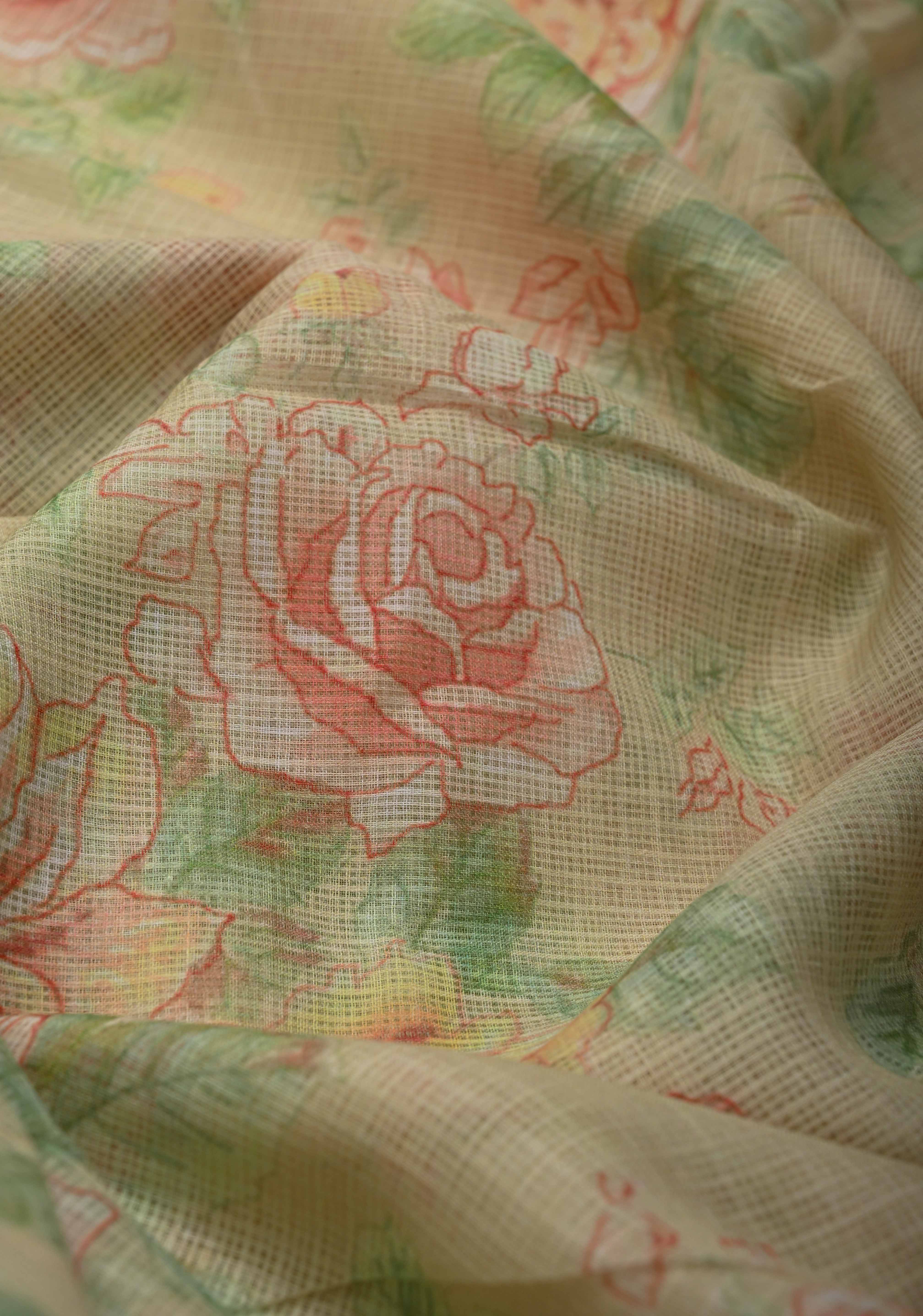 Beige Kota Doria Cotton Saree with Floral Digital Print And Minimal Zari Border | Shobitam