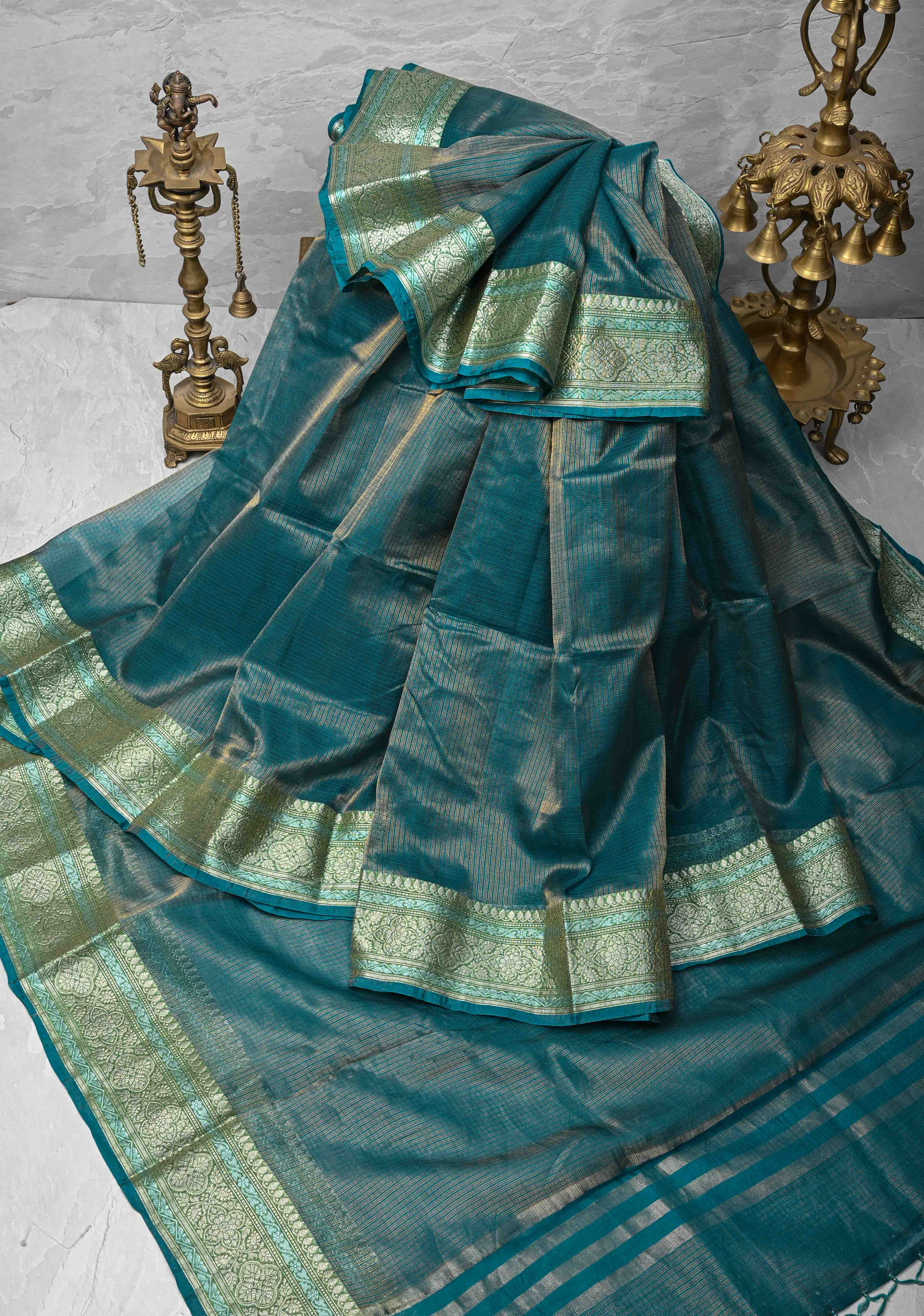 Peacock Green Kota Doria Tissue Cotton Saree with Sona Rupa Zari Border | Shobitam