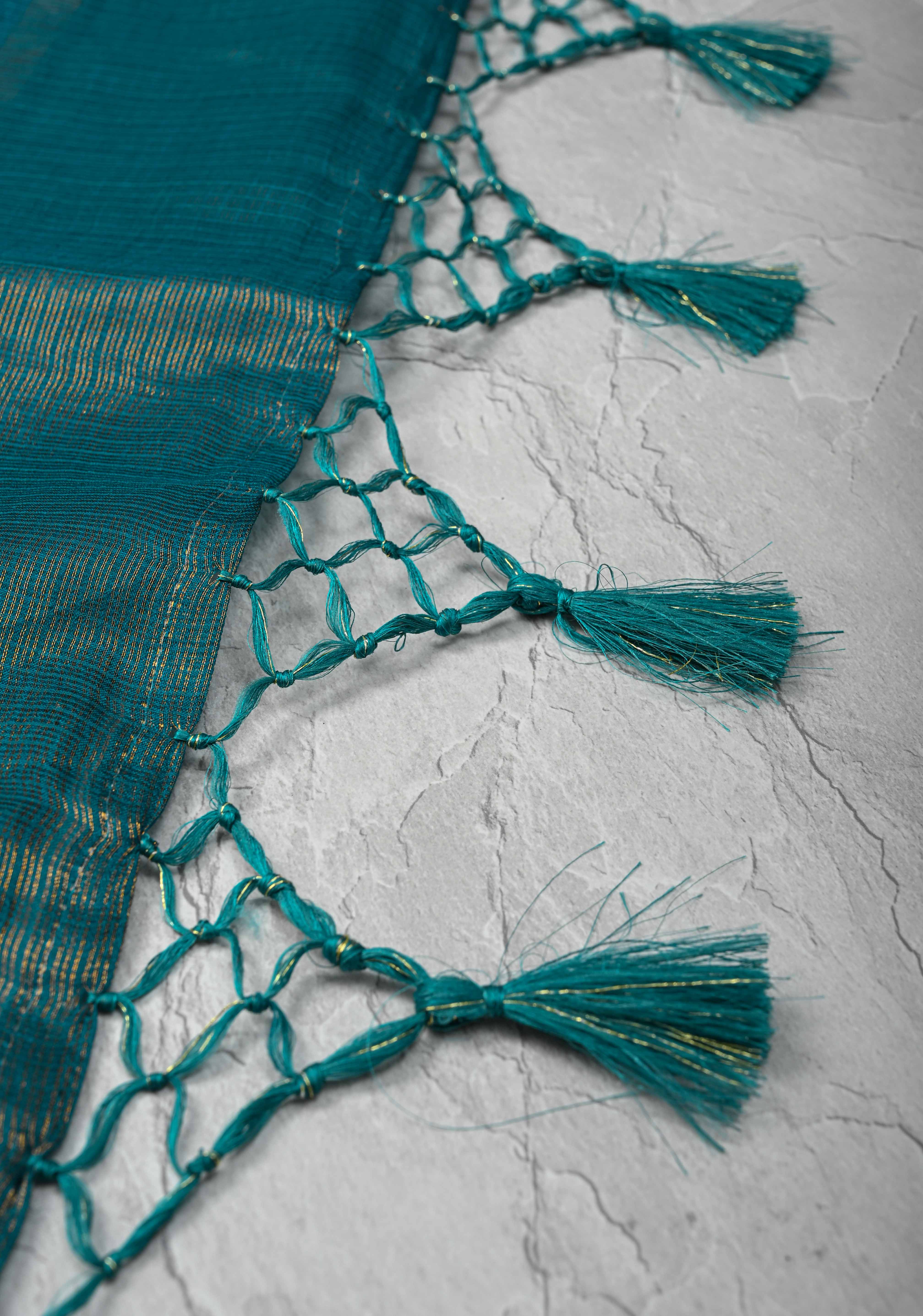 Peacock Green Kota Doria Tissue Cotton Saree with Sona Rupa Zari Border | Shobitam