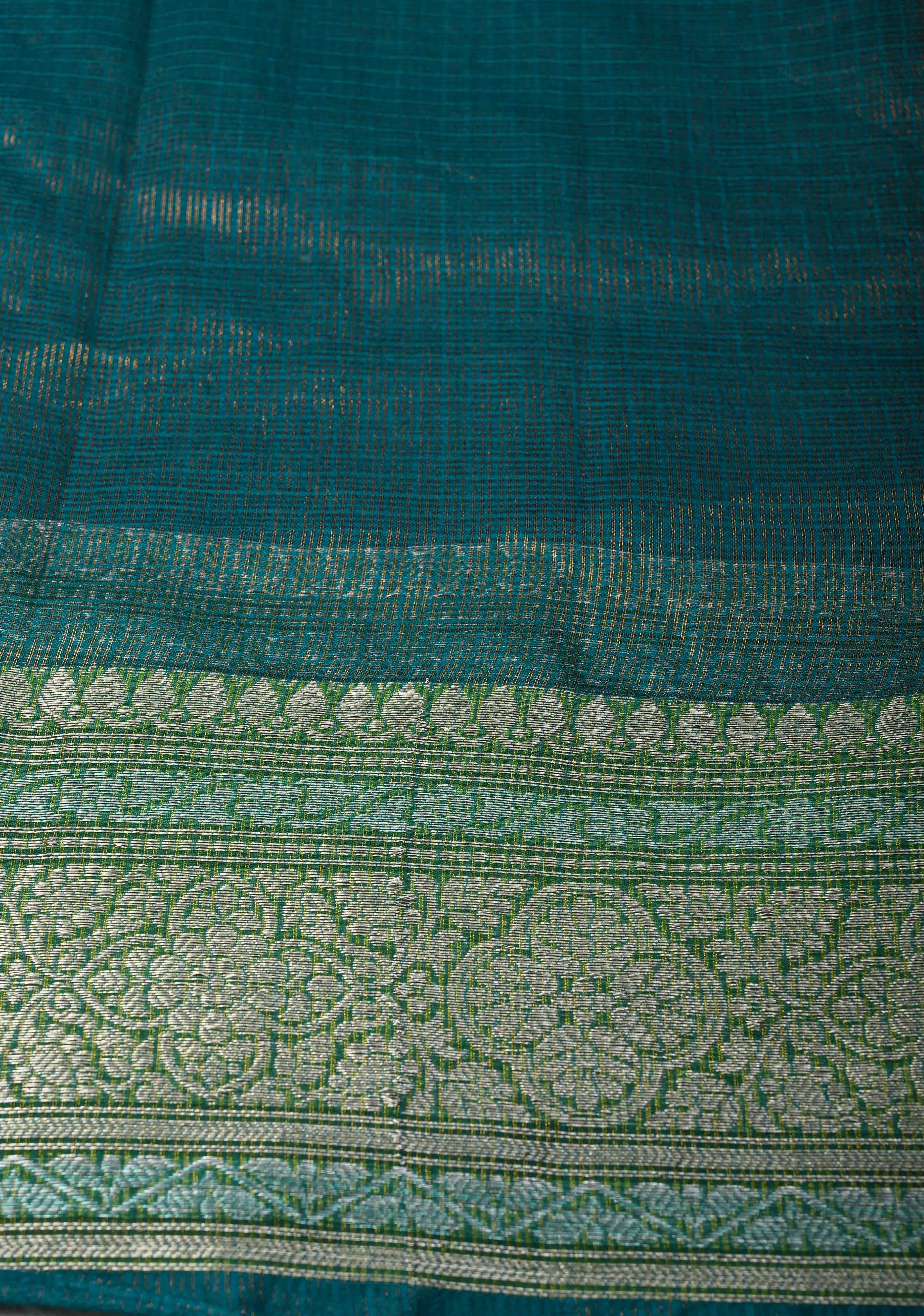 Peacock Green Kota Doria Tissue Cotton Saree with Sona Rupa Zari Border | Shobitam