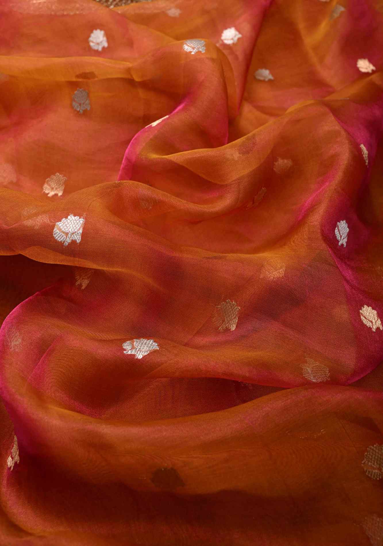 Orange Dual tone Organza Silk Saree with Sona Rupa Zari Buttas and Lace Trim Border | SILK MARK CERTIFIED Ready To Wear Saree