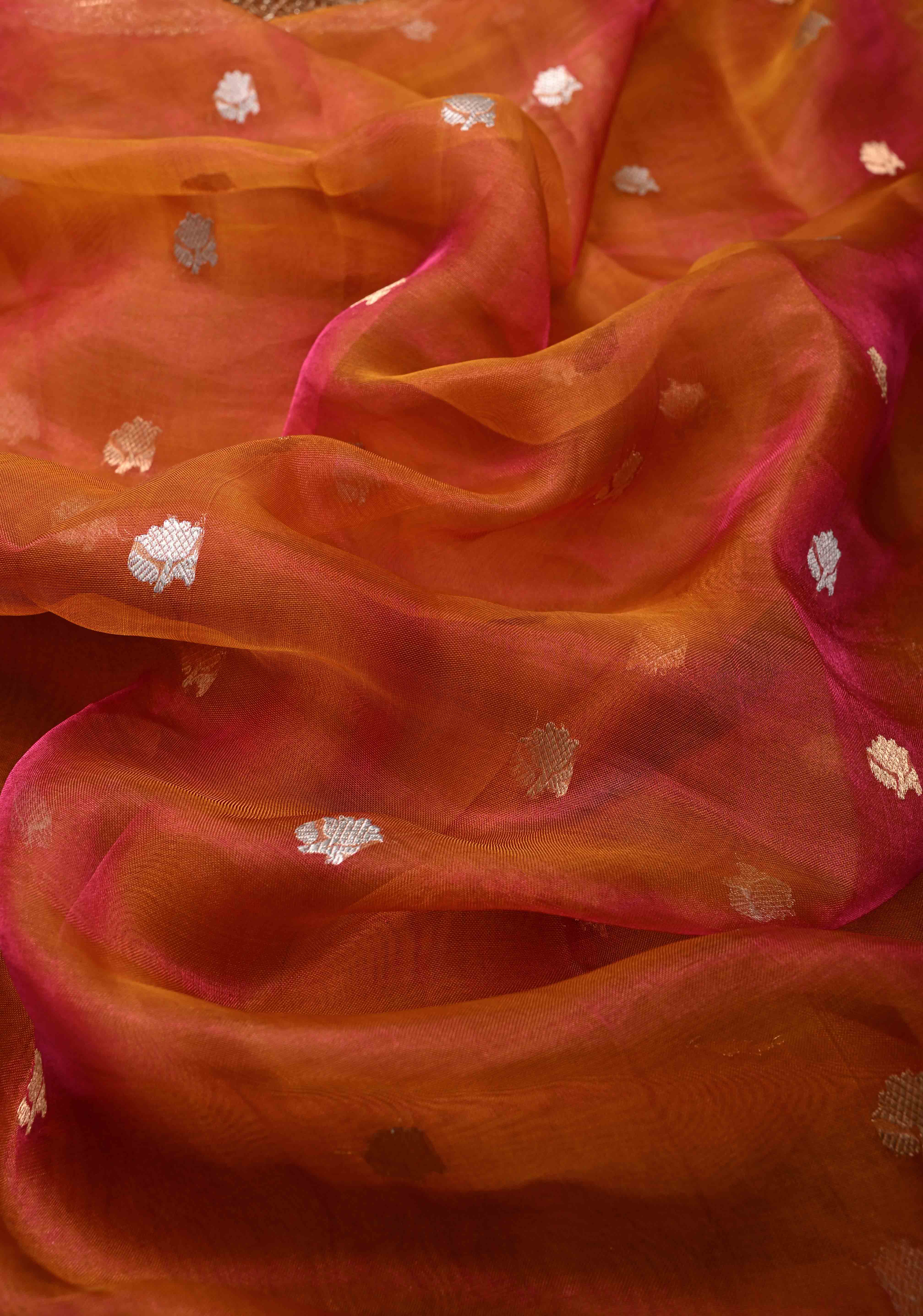 Orange Dual tone Organza Silk Saree with Sona Rupa Zari Buttas and Lace Trim Border | SILK MARK CERTIFIED | Shobitam