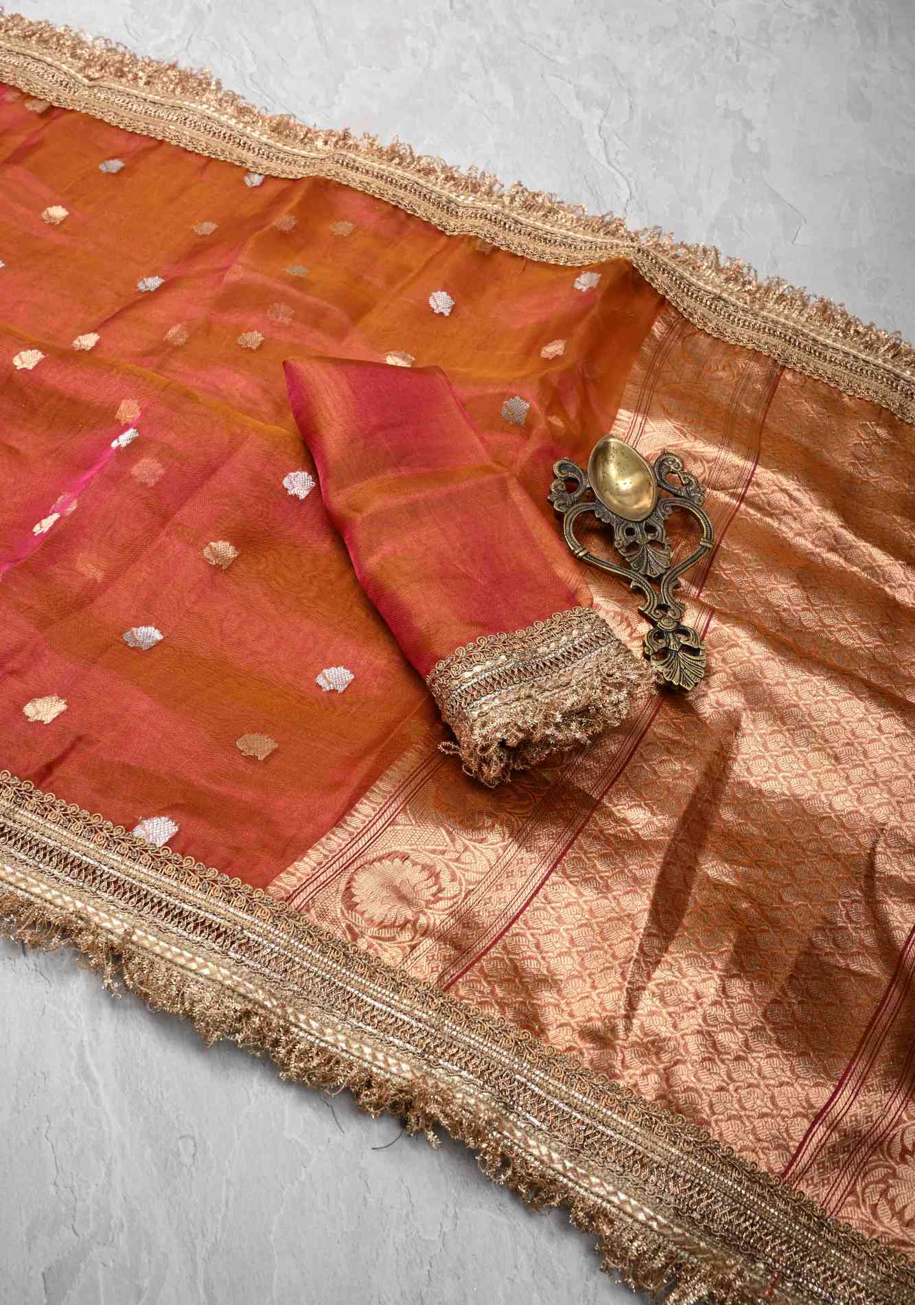Orange Dual tone Organza Silk Saree with Sona Rupa Zari Buttas and Lace Trim Border | SILK MARK CERTIFIED Ready To Wear Saree