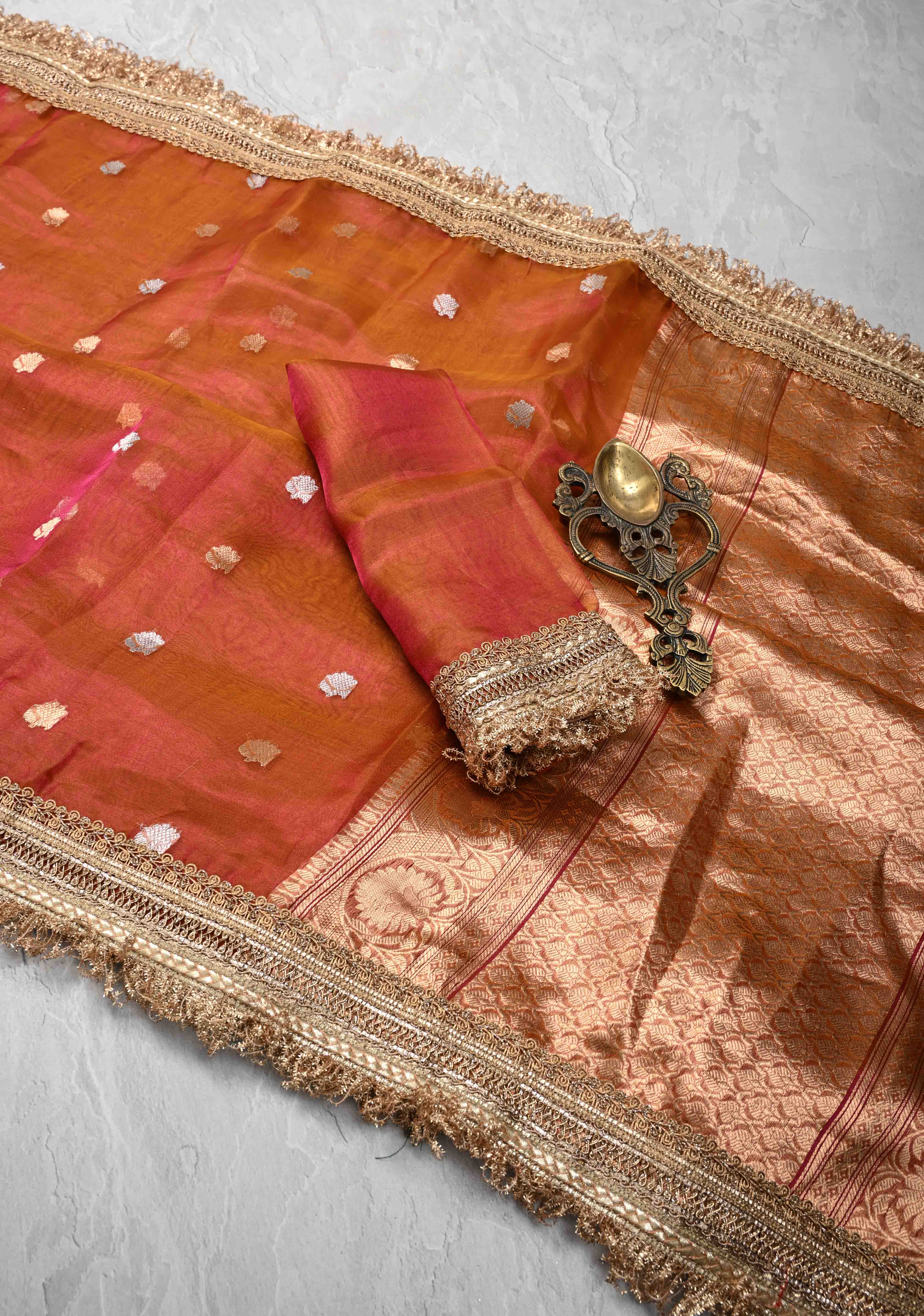 Orange Dual tone Organza Silk Saree with Sona Rupa Zari Buttas and Lace Trim Border | SILK MARK CERTIFIED | Shobitam