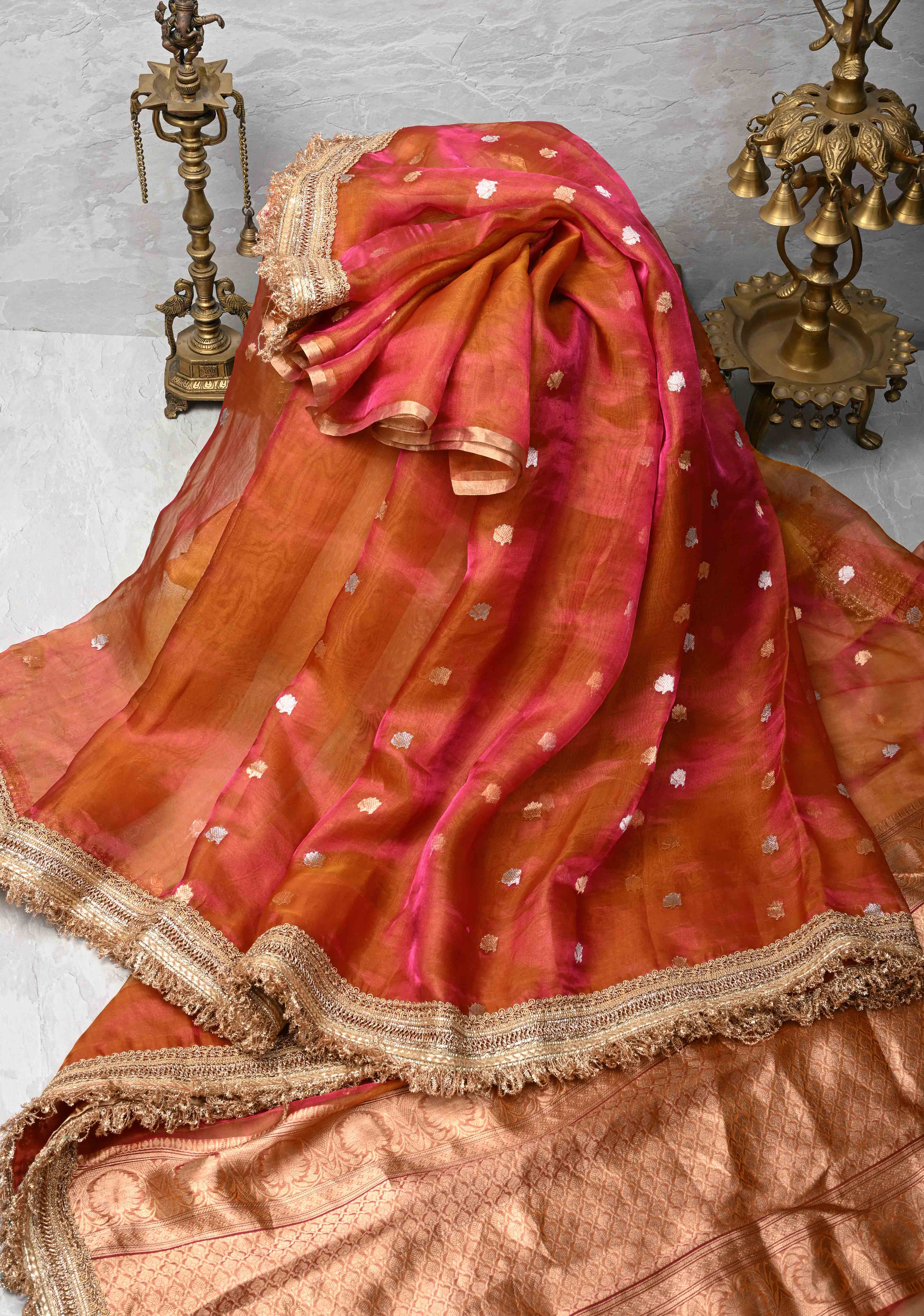 Orange Dual tone Organza Silk Saree with Sona Rupa Zari Buttas and Lace Trim Border | SILK MARK CERTIFIED | Shobitam
