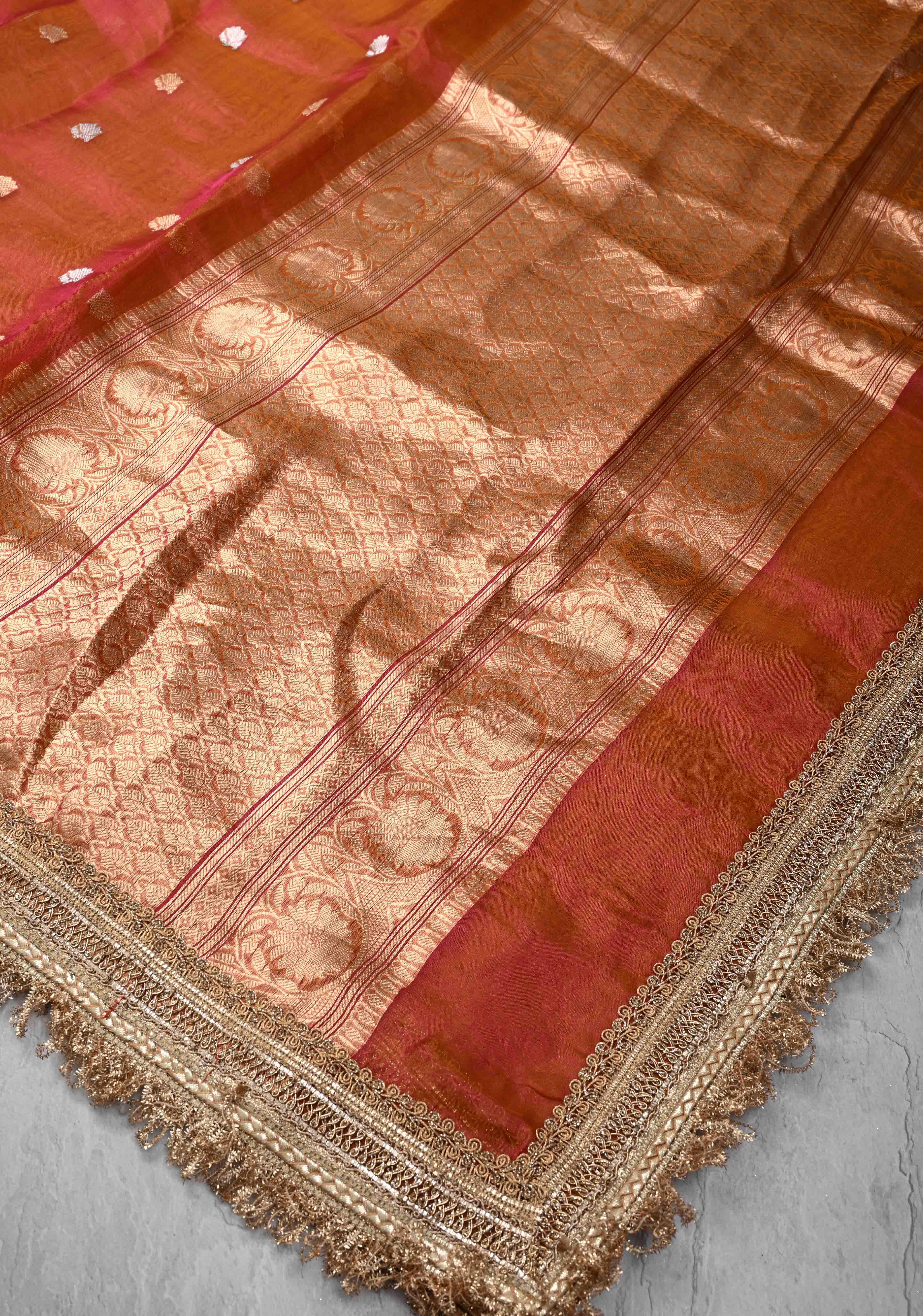 Orange Dual tone Organza Silk Saree with Sona Rupa Zari Buttas and Lace Trim Border | SILK MARK CERTIFIED | Shobitam