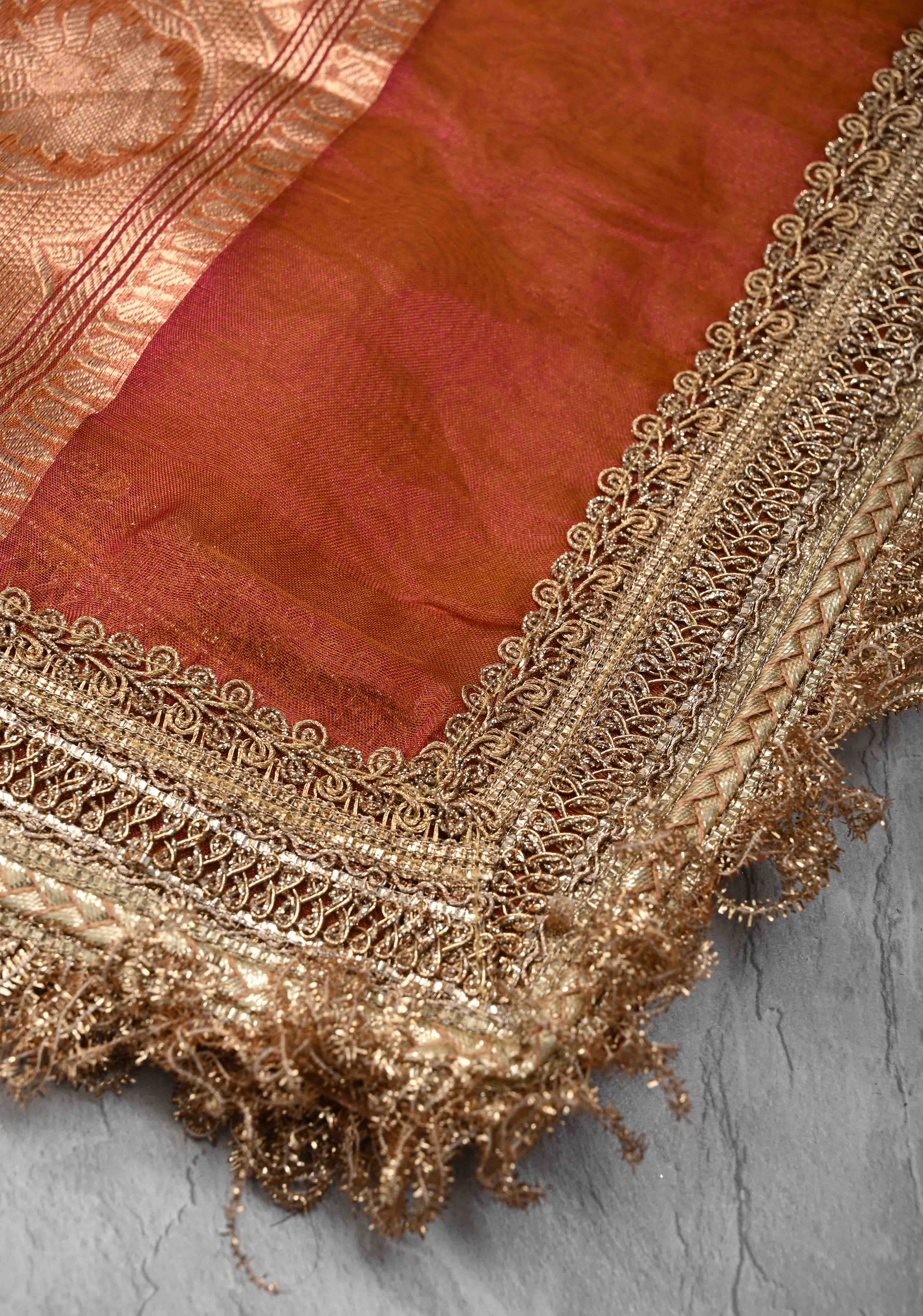 Orange Dual tone Organza Silk Saree with Sona Rupa Zari Buttas and Lace Trim Border | SILK MARK CERTIFIED | Shobitam