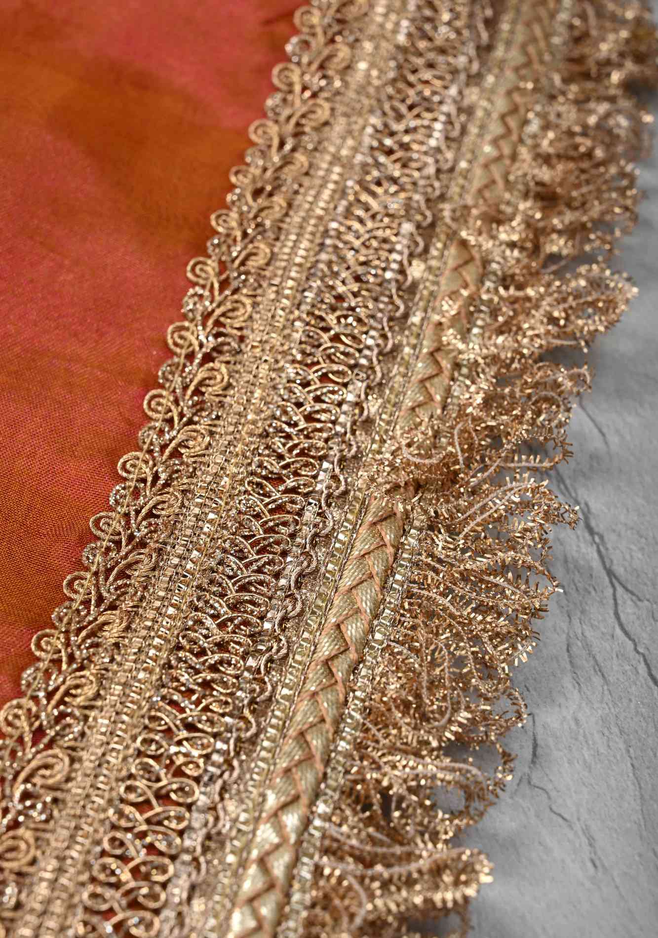 Orange Dual tone Organza Silk Saree with Sona Rupa Zari Buttas and Lace Trim Border | SILK MARK CERTIFIED Ready To Wear Saree