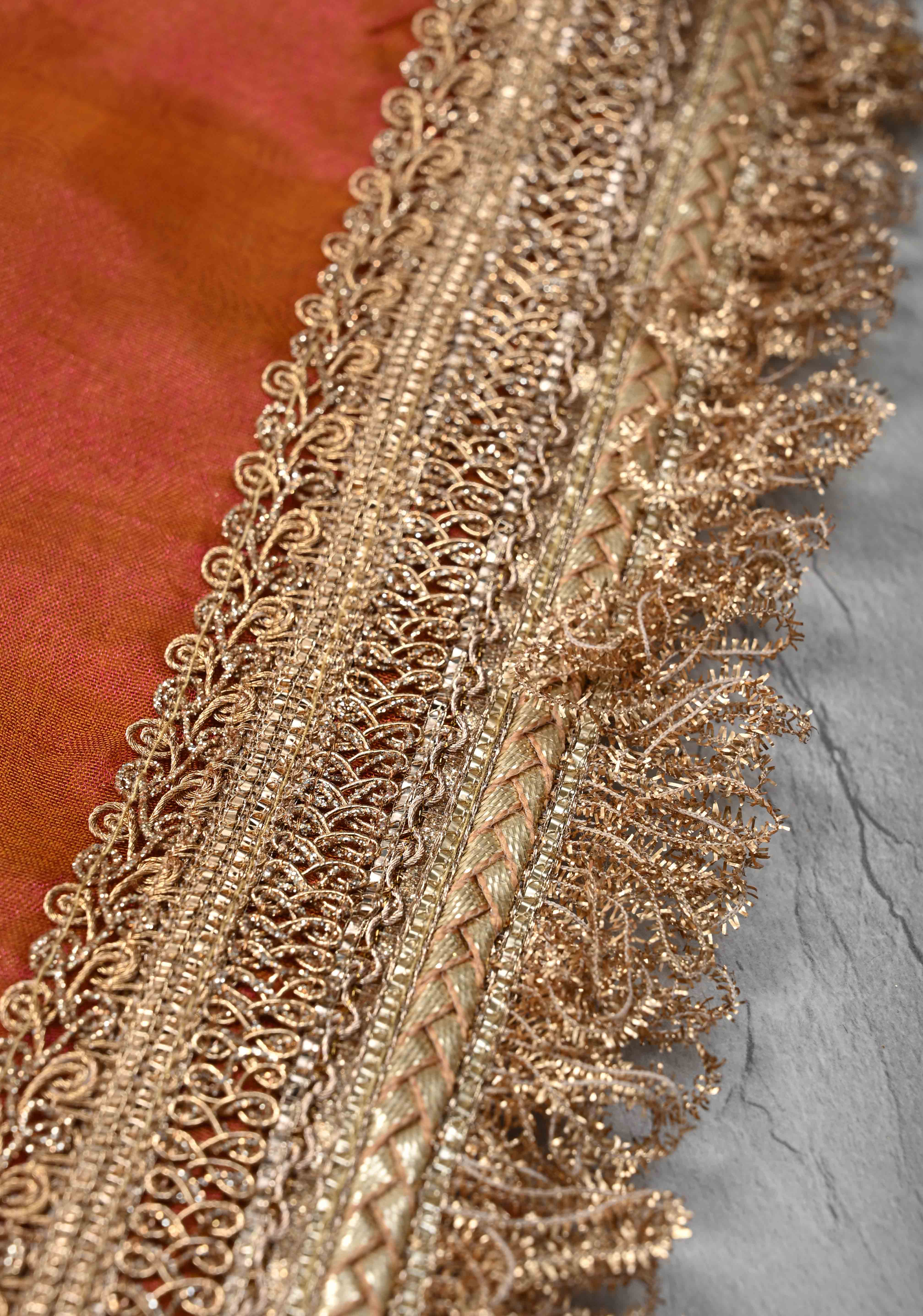 Orange Dual tone Organza Silk Saree with Sona Rupa Zari Buttas and Lace Trim Border | SILK MARK CERTIFIED | Shobitam