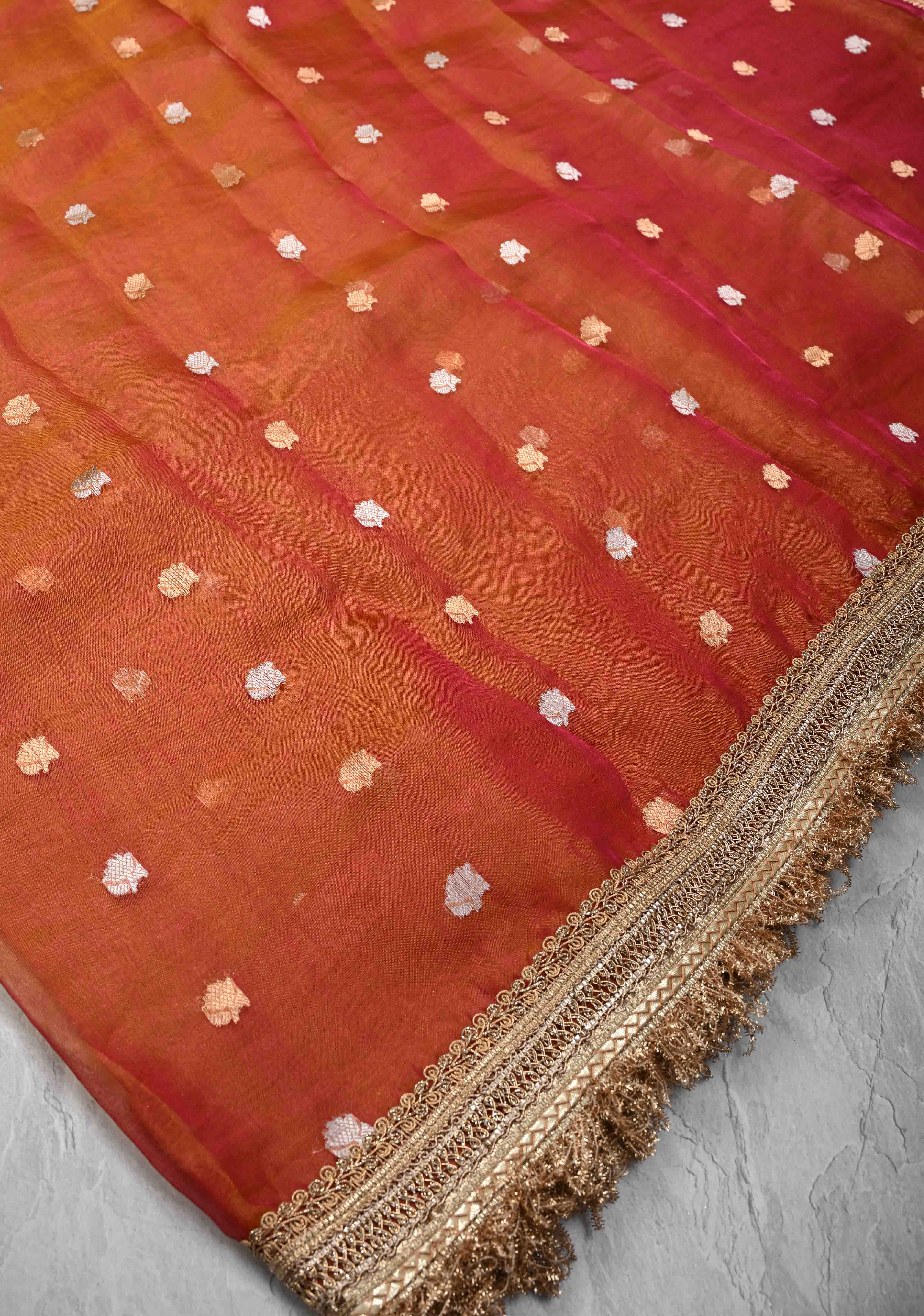 Orange Dual tone Organza Silk Saree with Sona Rupa Zari Buttas and Lace Trim Border | SILK MARK CERTIFIED | Shobitam