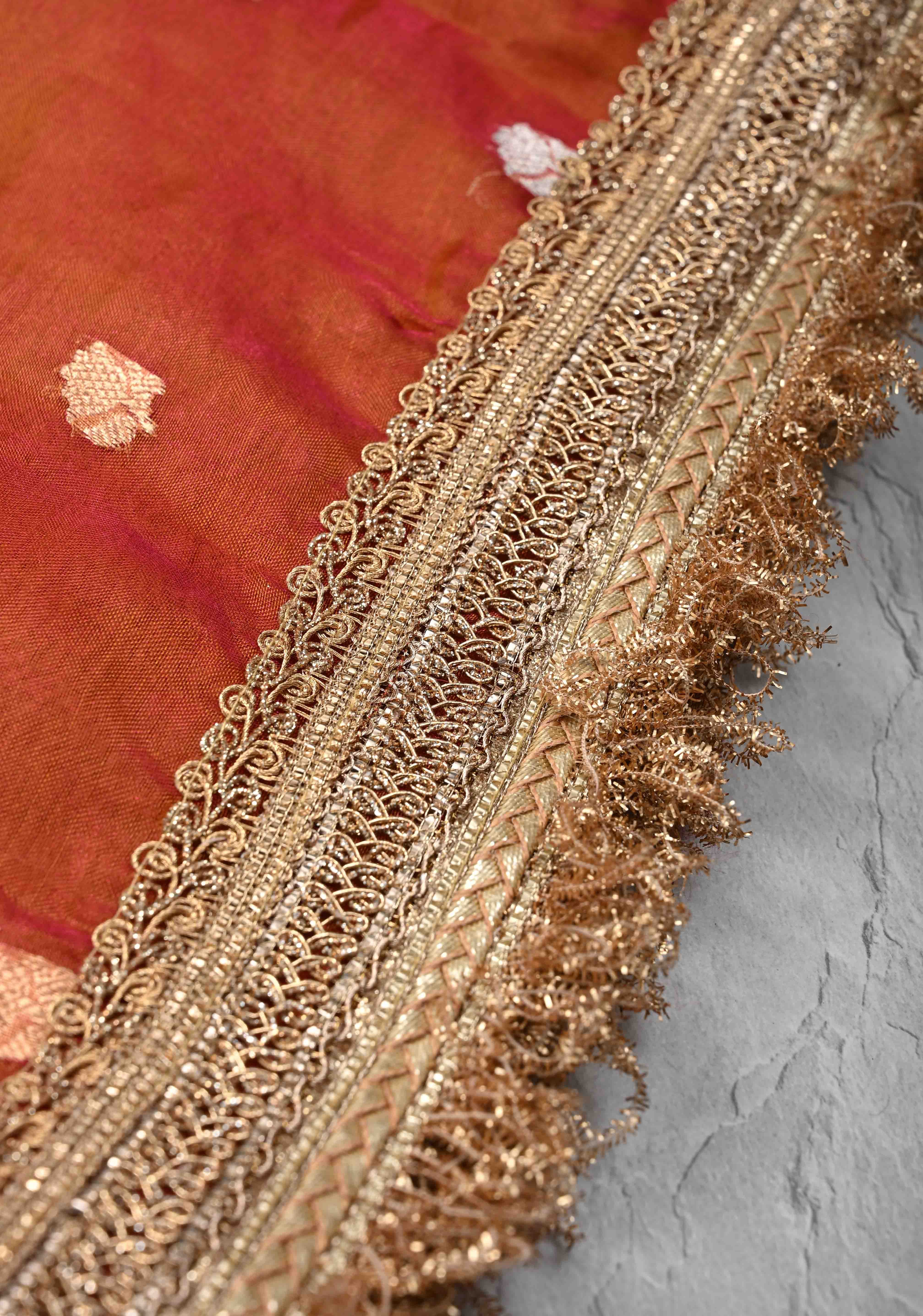Orange Dual tone Organza Silk Saree with Sona Rupa Zari Buttas and Lace Trim Border | SILK MARK CERTIFIED | Shobitam