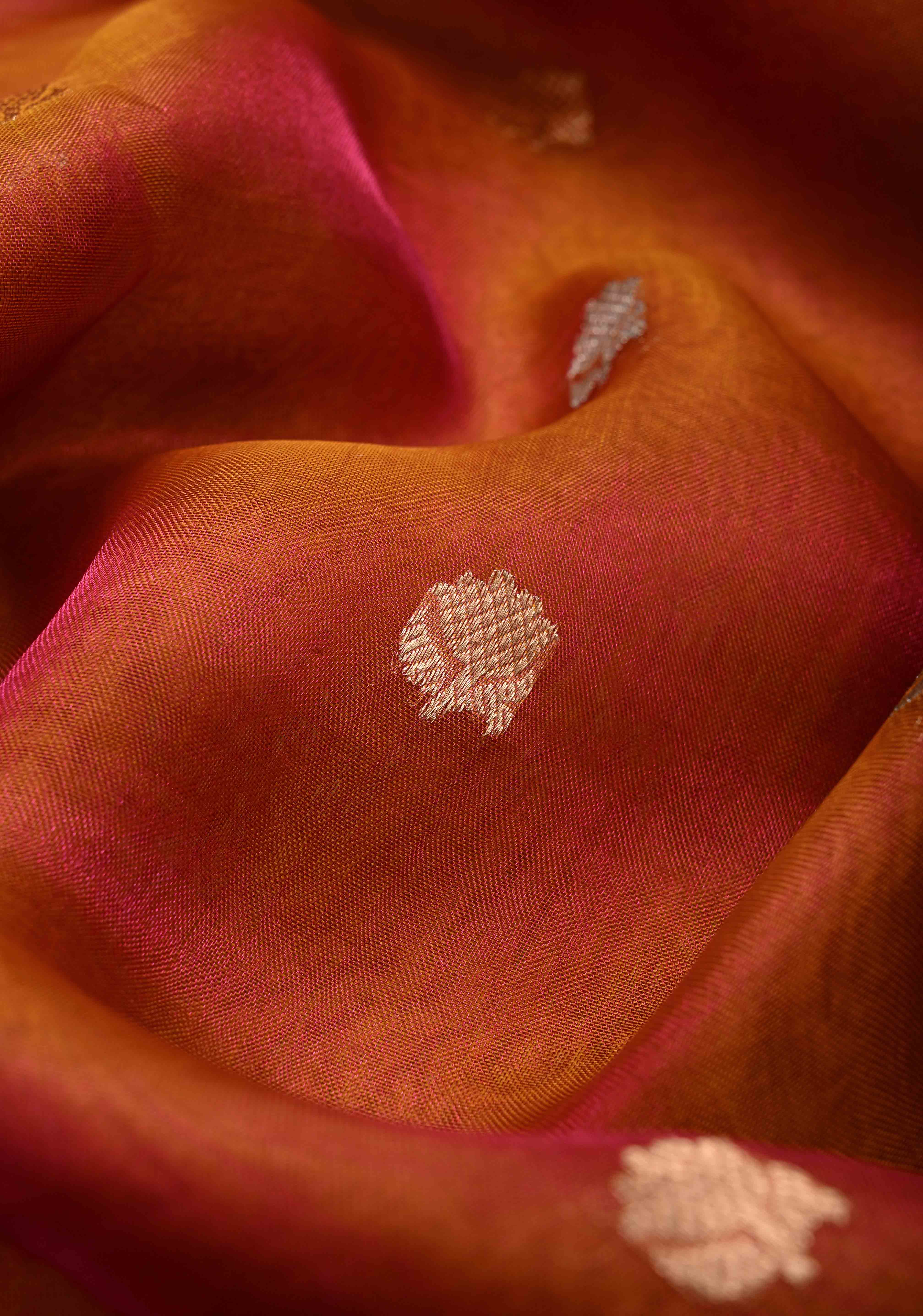 Orange Dual tone Organza Silk Saree with Sona Rupa Zari Buttas and Lace Trim Border | SILK MARK CERTIFIED | Shobitam