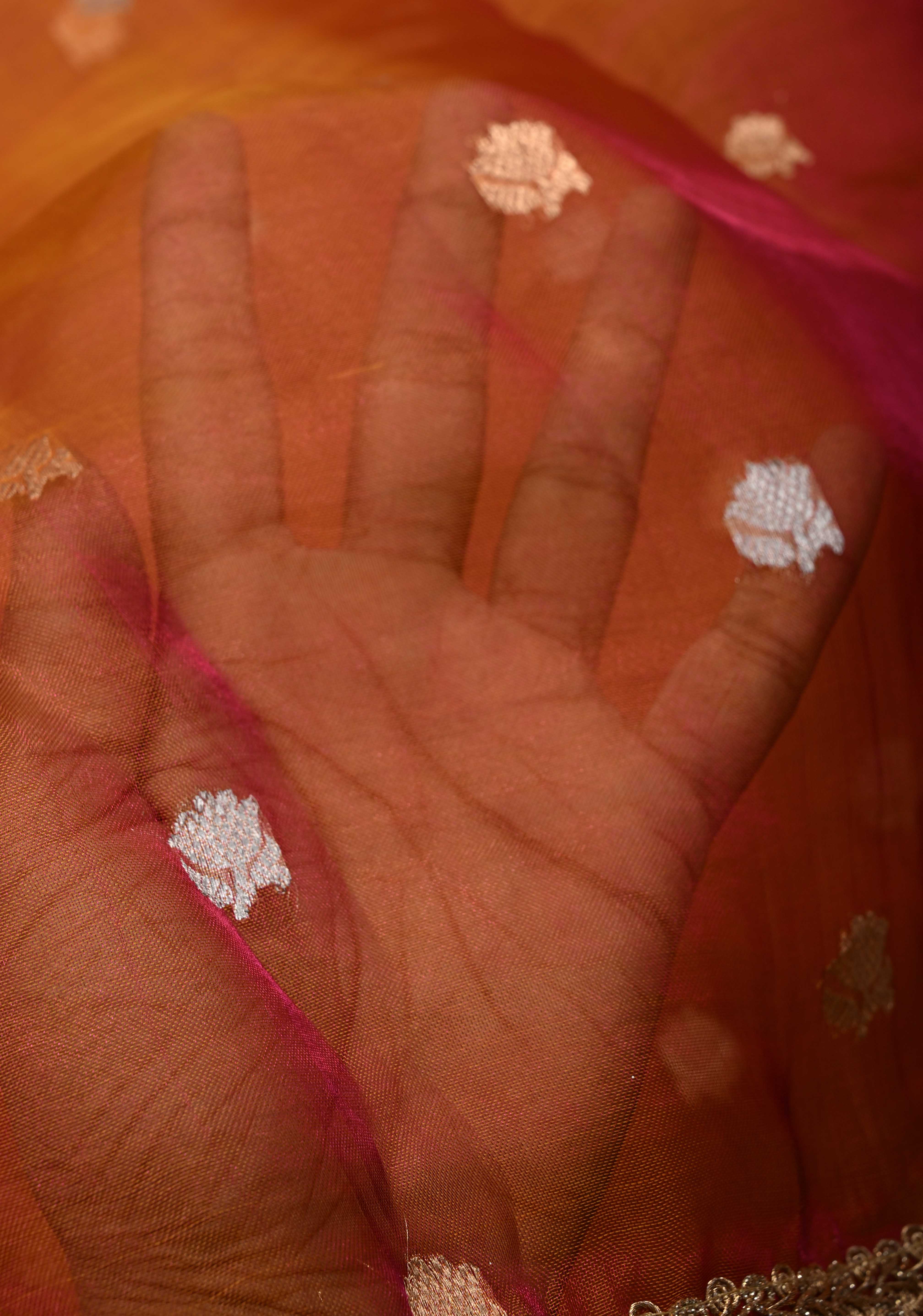 Orange Dual tone Organza Silk Saree with Sona Rupa Zari Buttas and Lace Trim Border | SILK MARK CERTIFIED | Shobitam