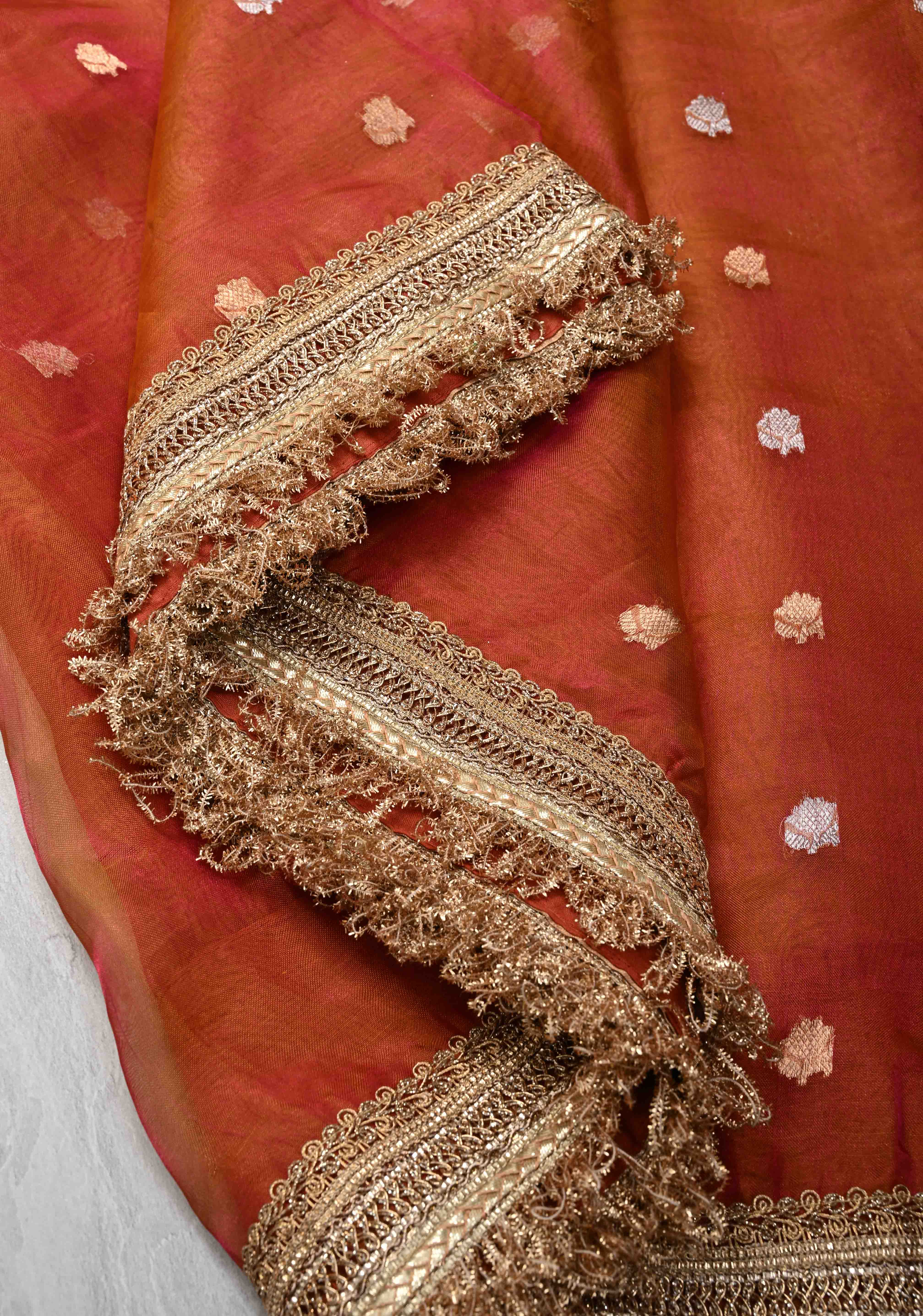 Orange Dual tone Organza Silk Saree with Sona Rupa Zari Buttas and Lace Trim Border | SILK MARK CERTIFIED | Shobitam
