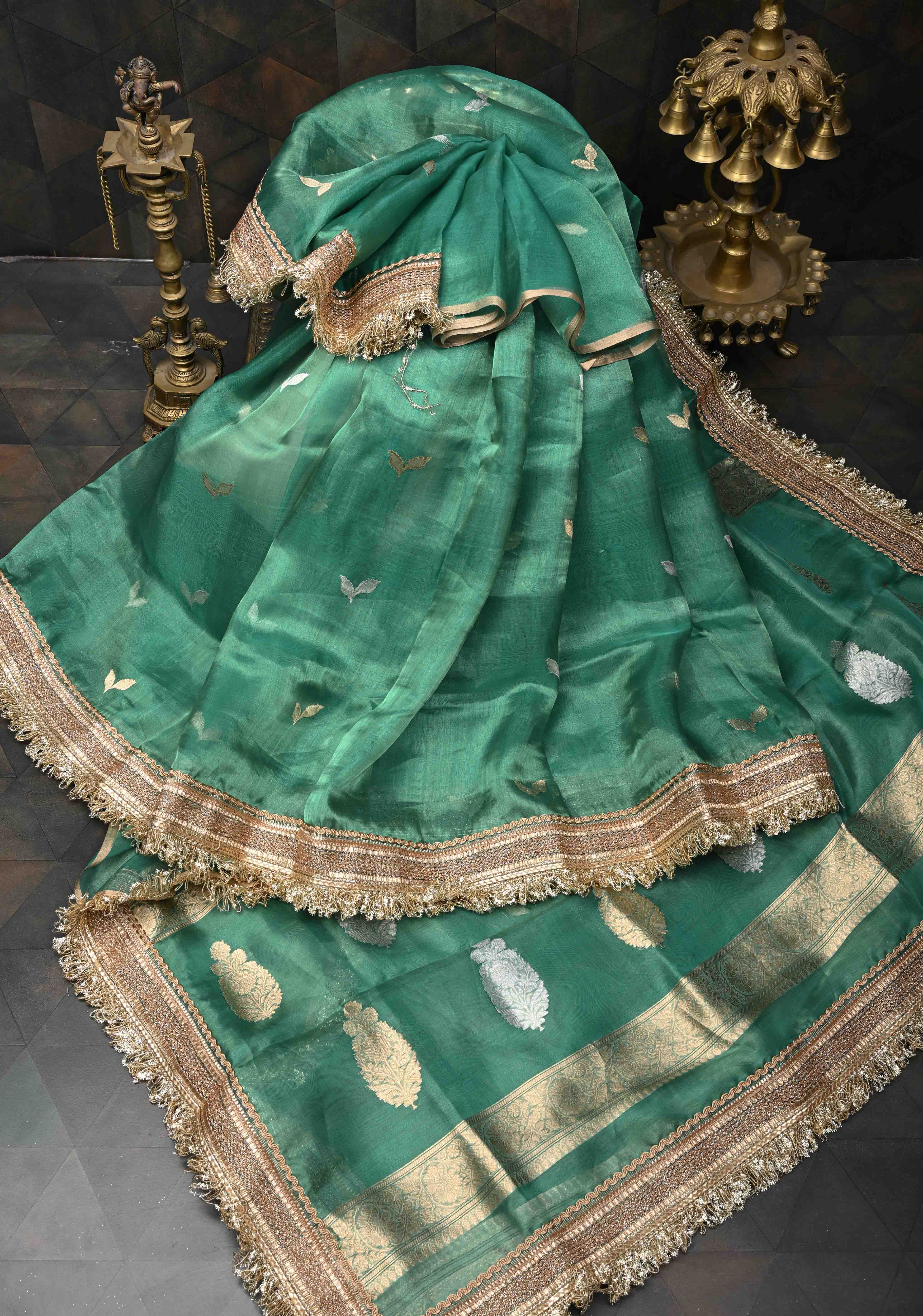 Sea Green Banarasi Pure Tissue Silk Saree with Sona Rupa Zari Buttas and Fancy Lace Trim Border | SILK MARK CERTIFIED | Shobitam
