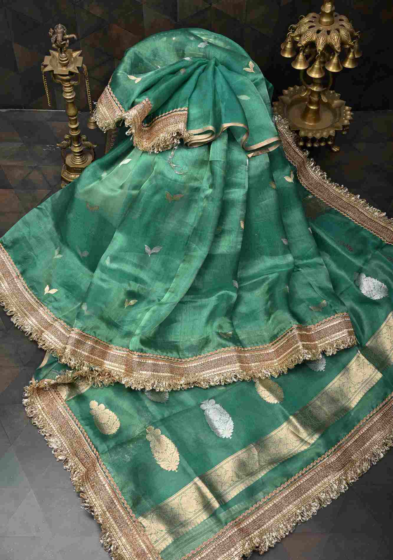 Sea Green Banarasi Pure Tissue Silk Saree with Sona Rupa Zari Buttas and Fancy Lace Trim Border | SILK MARK CERTIFIED Ready To Wear Saree