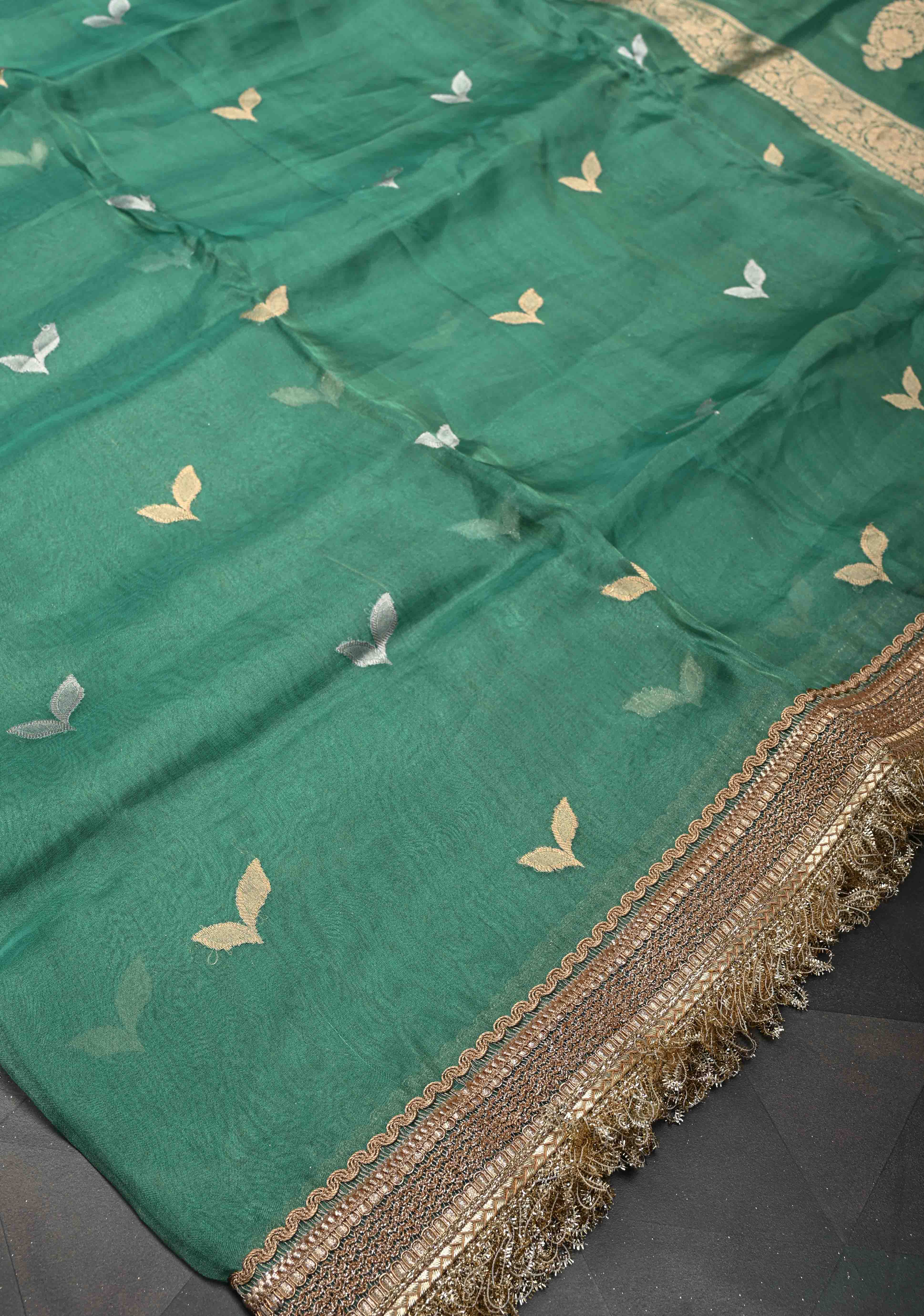 Sea Green Banarasi Pure Tissue Silk Saree with Sona Rupa Zari Buttas and Fancy Lace Trim Border | SILK MARK CERTIFIED | Shobitam