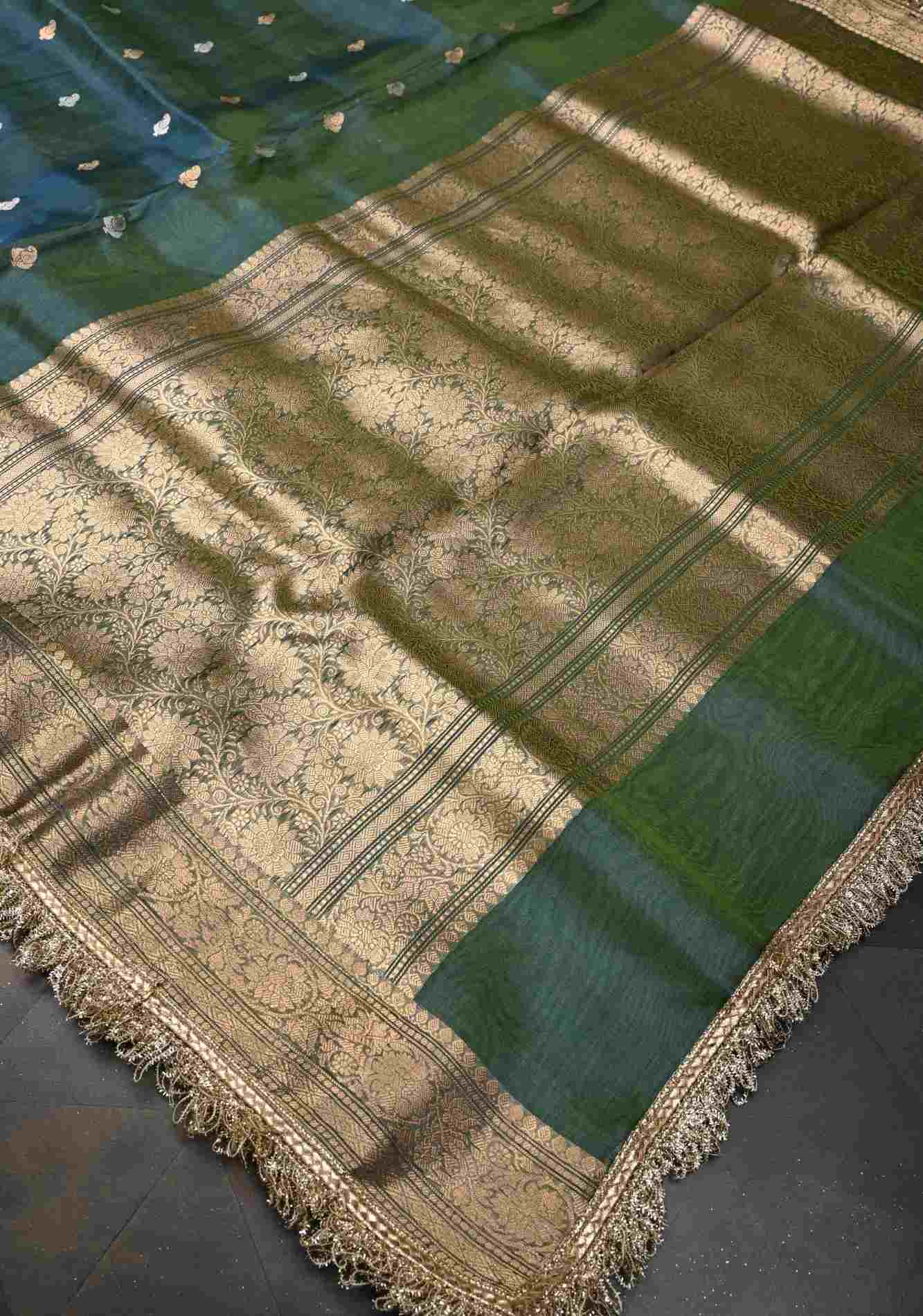 Peacock Green Organza Tissue Silk Saree with Sona Rupa Zari Buttas and Fancy Lace Trim Border | SILK MARK CERTIFIED Ready To Wear Saree