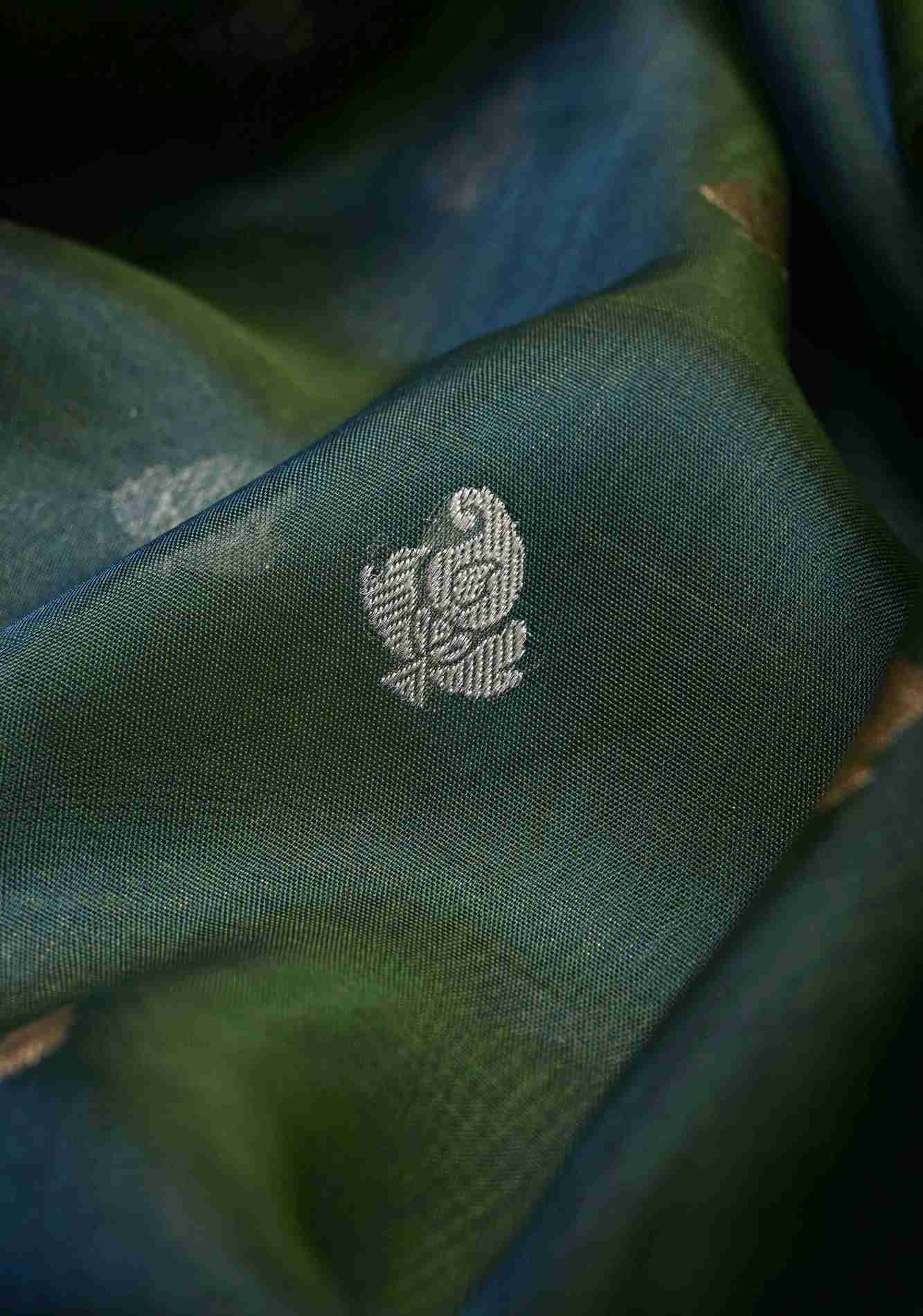 Peacock Green Organza Tissue Silk Saree with Sona Rupa Zari Buttas and Fancy Lace Trim Border | SILK MARK CERTIFIED Ready To Wear Saree